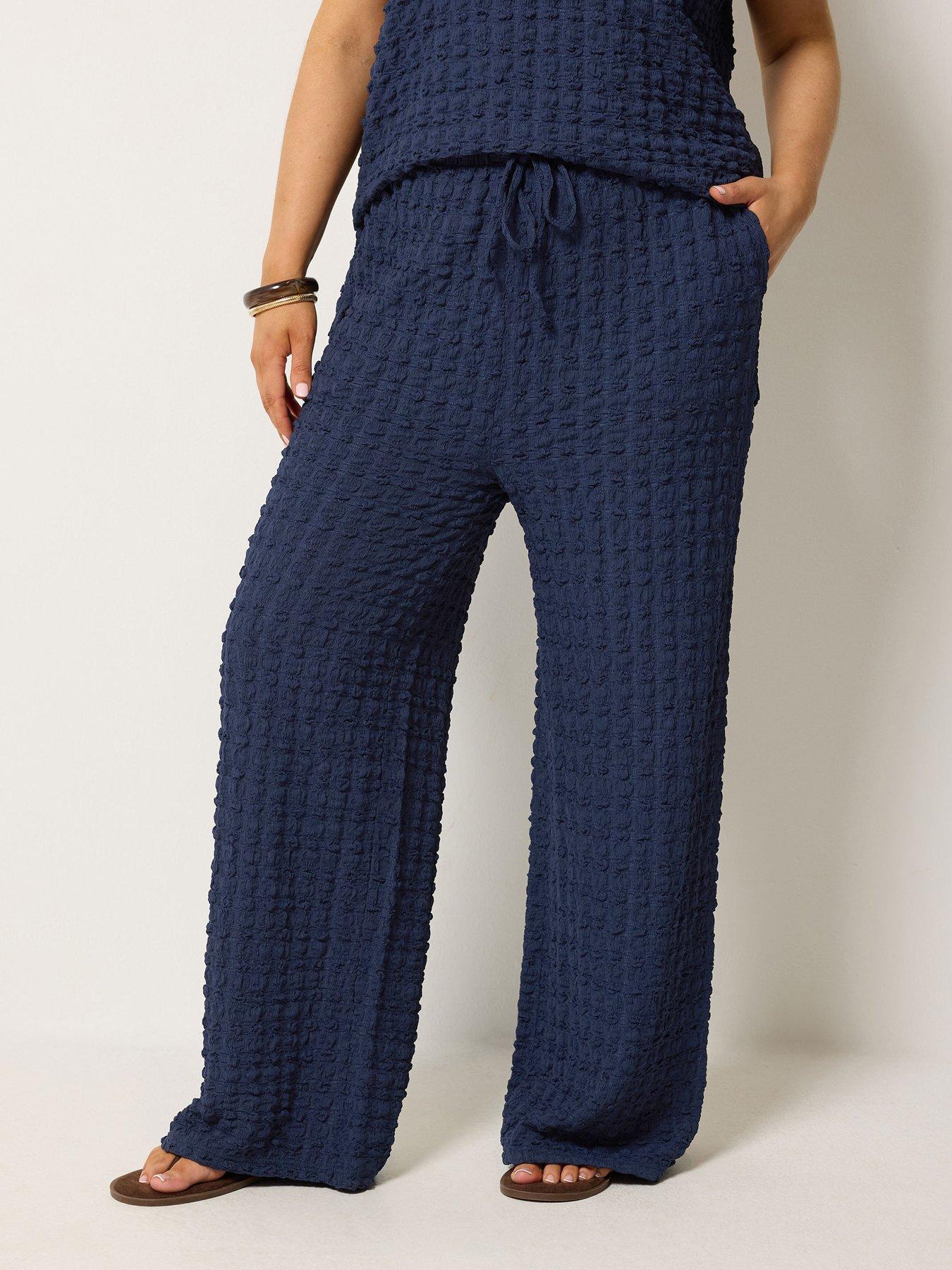 Yours Curve Bubble Textured Wide Leg Trousers 30" - Blue