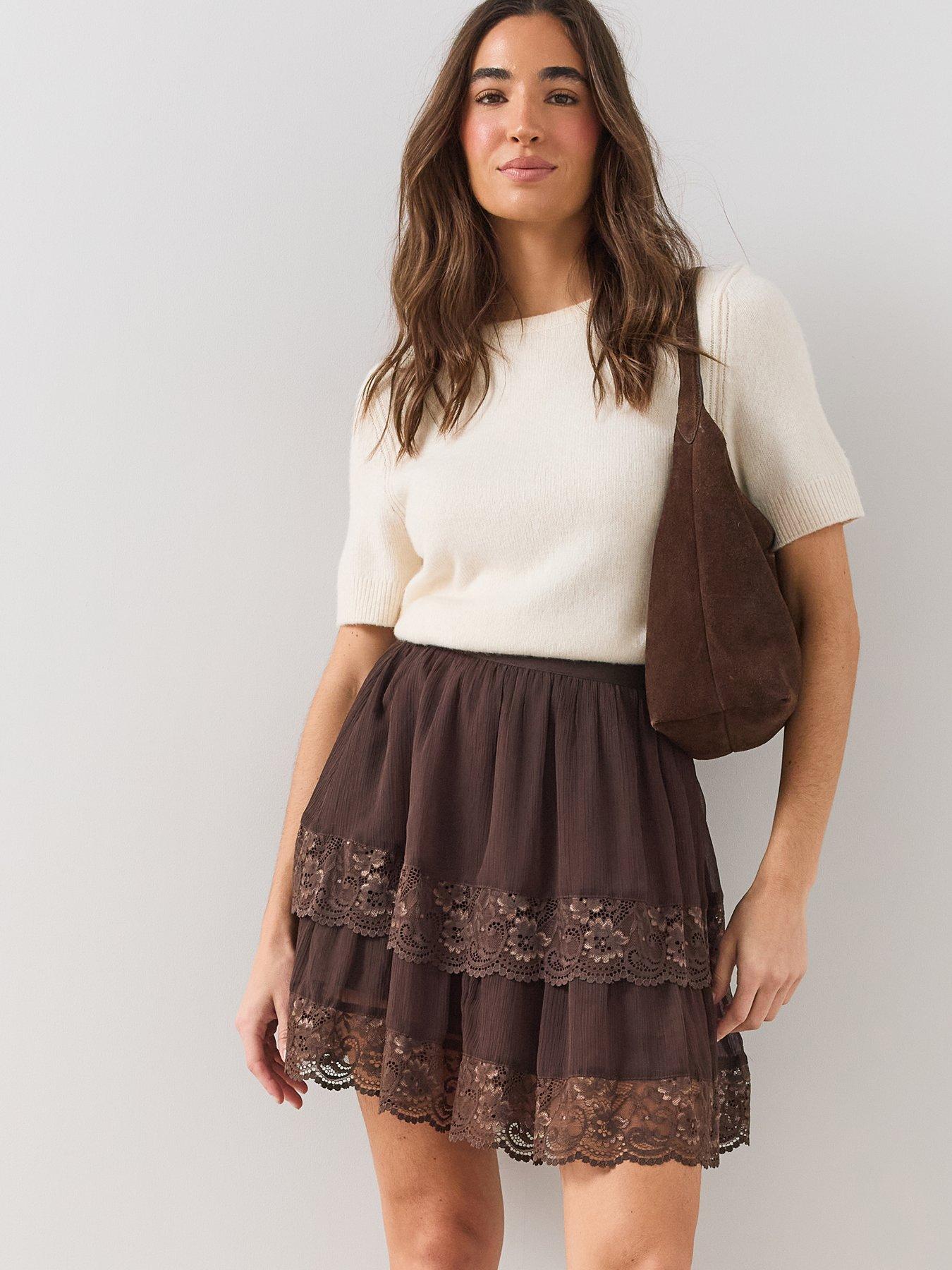 Image 1 of 6 of The Very Collection Lace Trim Detail Ruffle Skirt - Brown