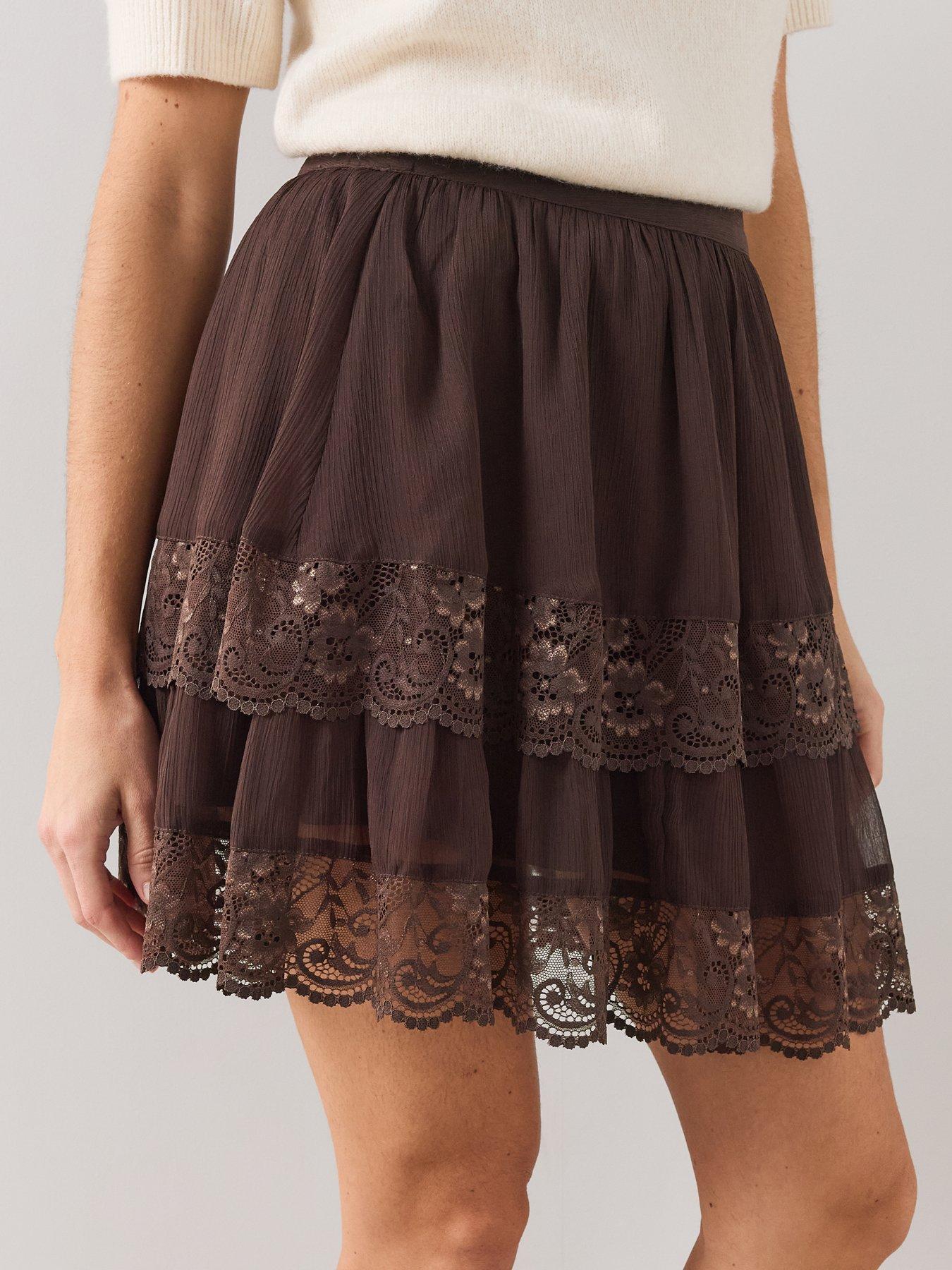 Image 5 of 6 of The Very Collection Lace Trim Detail Ruffle Skirt - Brown