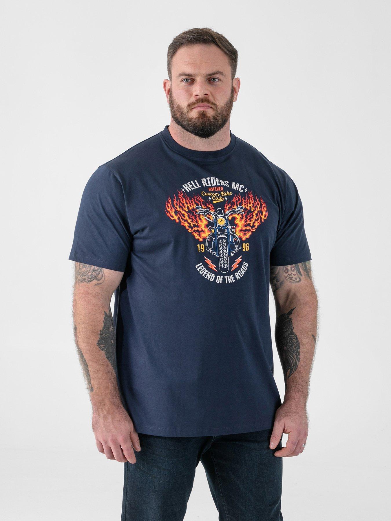 D555 Motorbike With Flame Wings Printed Crew Neck T-Shirt - Navy