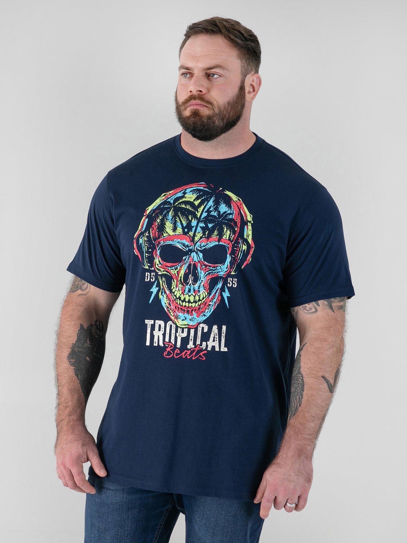 D555 Tropical Skull Printed Crew Neck T-Shirt - Navy