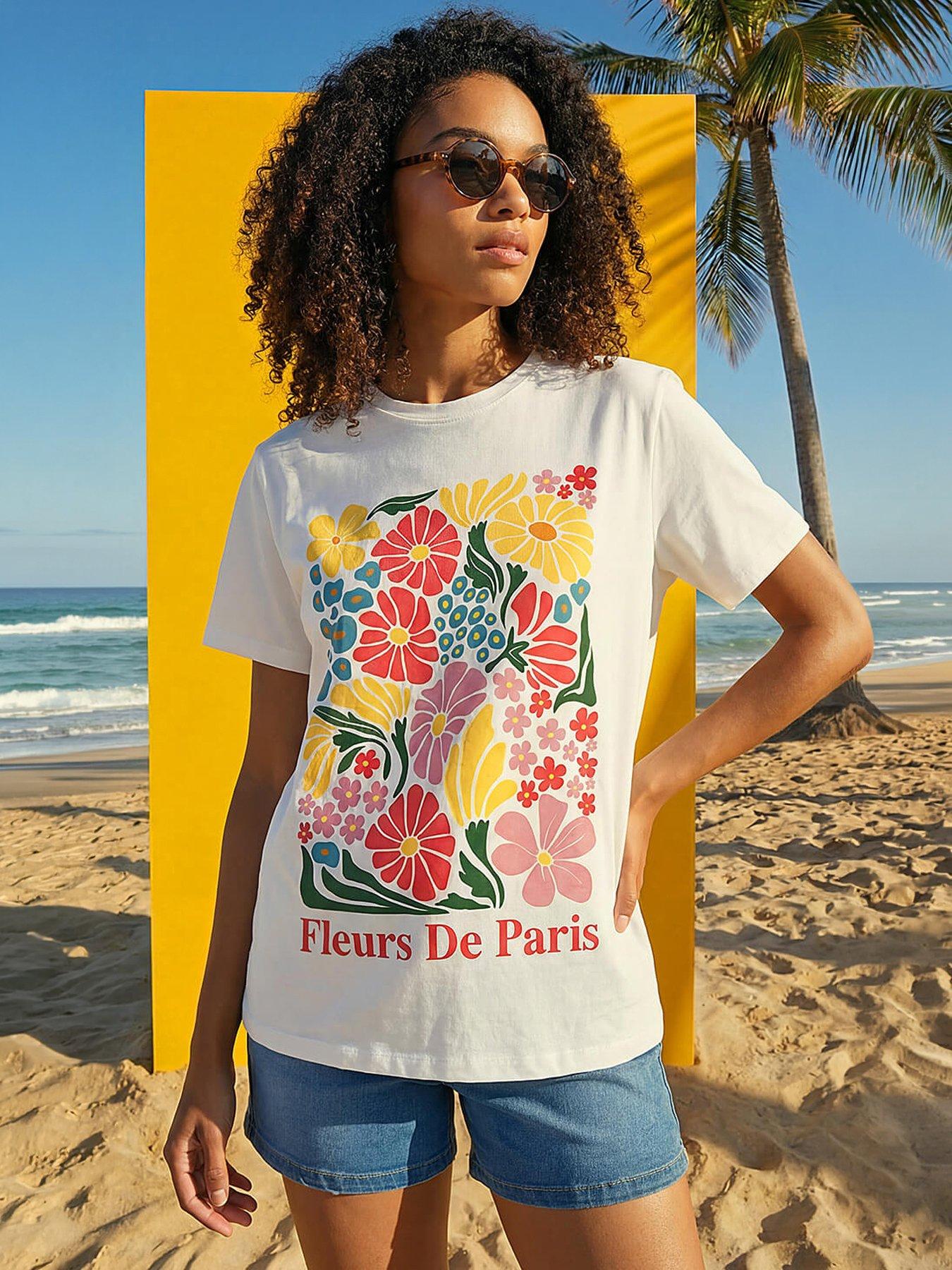 Image 1 of 4 of Roman Dusk Cotton Floral Print T-shirt