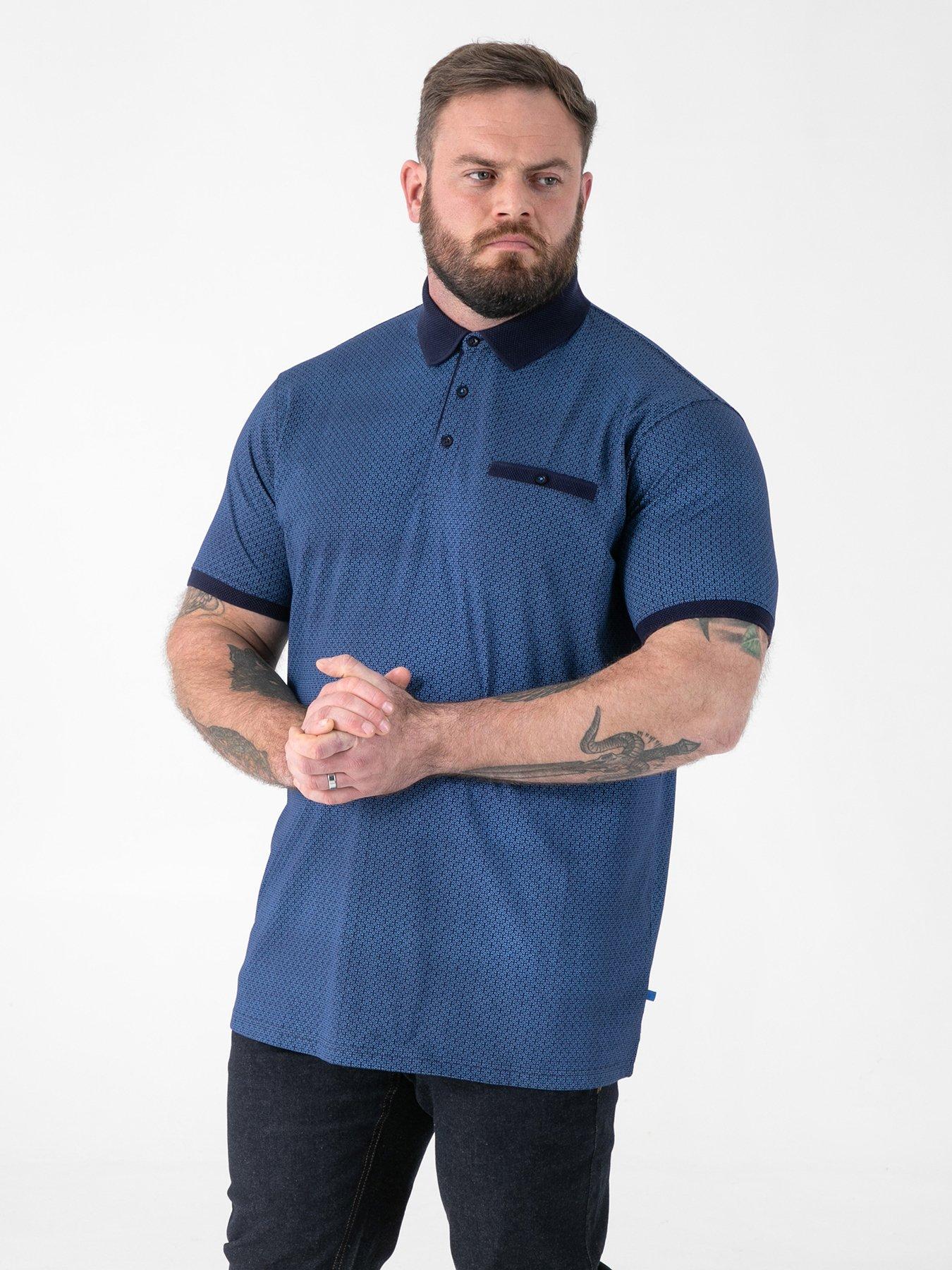 D555 Printed Jacquard Collar And Cuff Polo Shirt With Chest Pocket - Blue