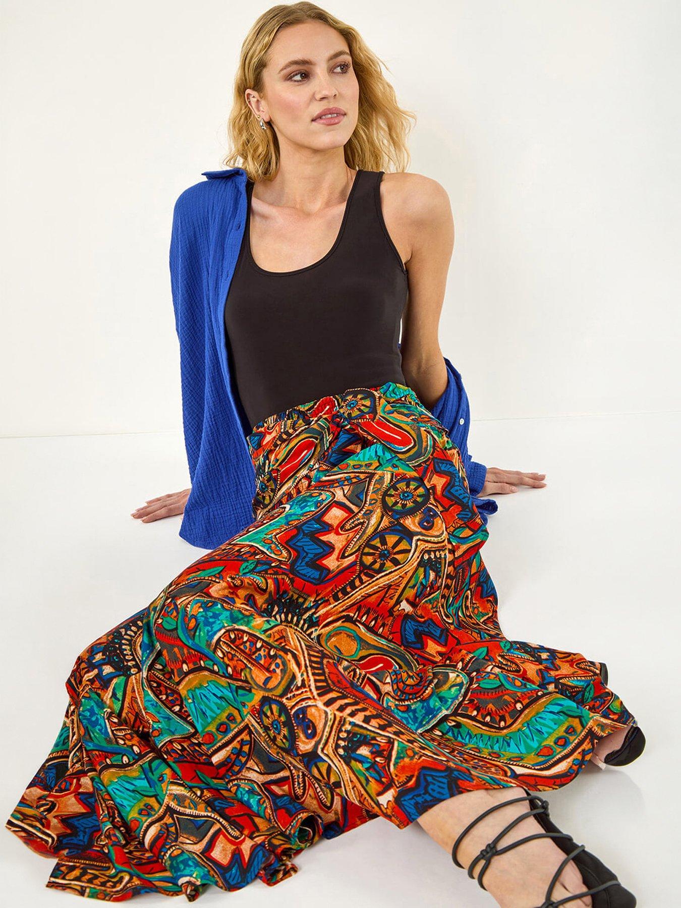 Roman Abstract Print Belted Maxi Skirt