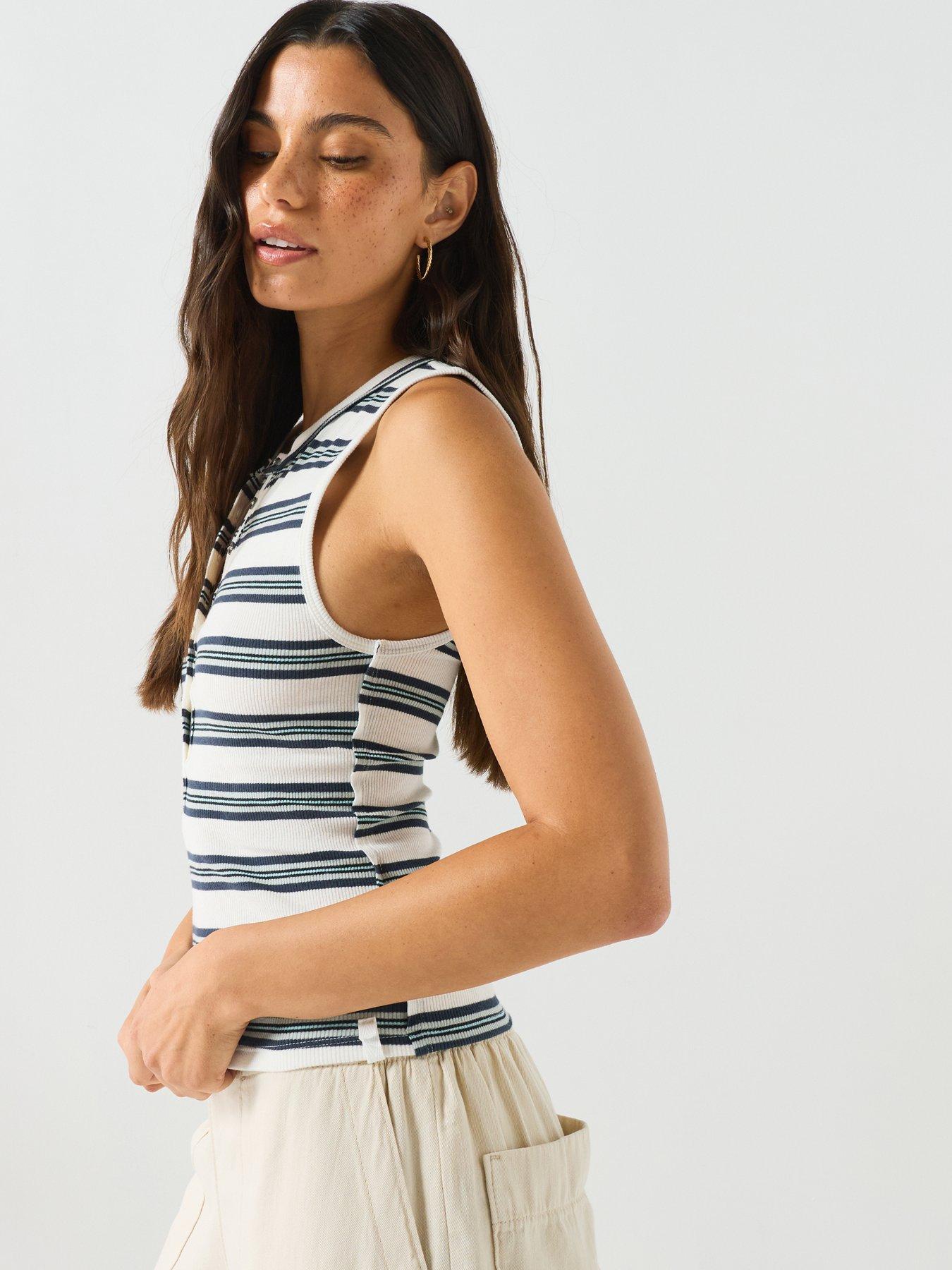 Image 4 of 6 of FREE PEOPLE Striped Ribbed Henley Tank Top - White