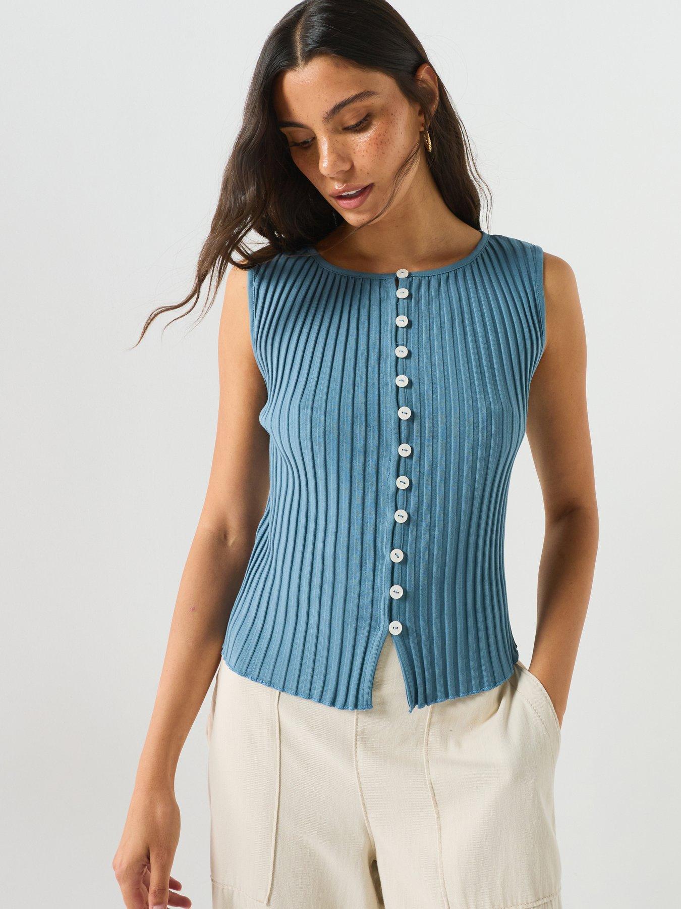 FREE PEOPLE Ribbed Button-Front Sleeveless Knit Vest - Blue