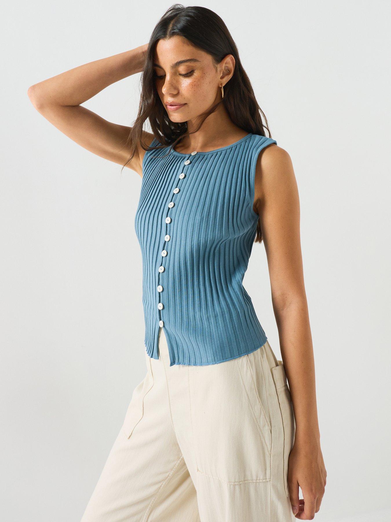 Image 4 of 5 of FREE PEOPLE Ribbed Button-Front Sleeveless Knit Vest - Blue