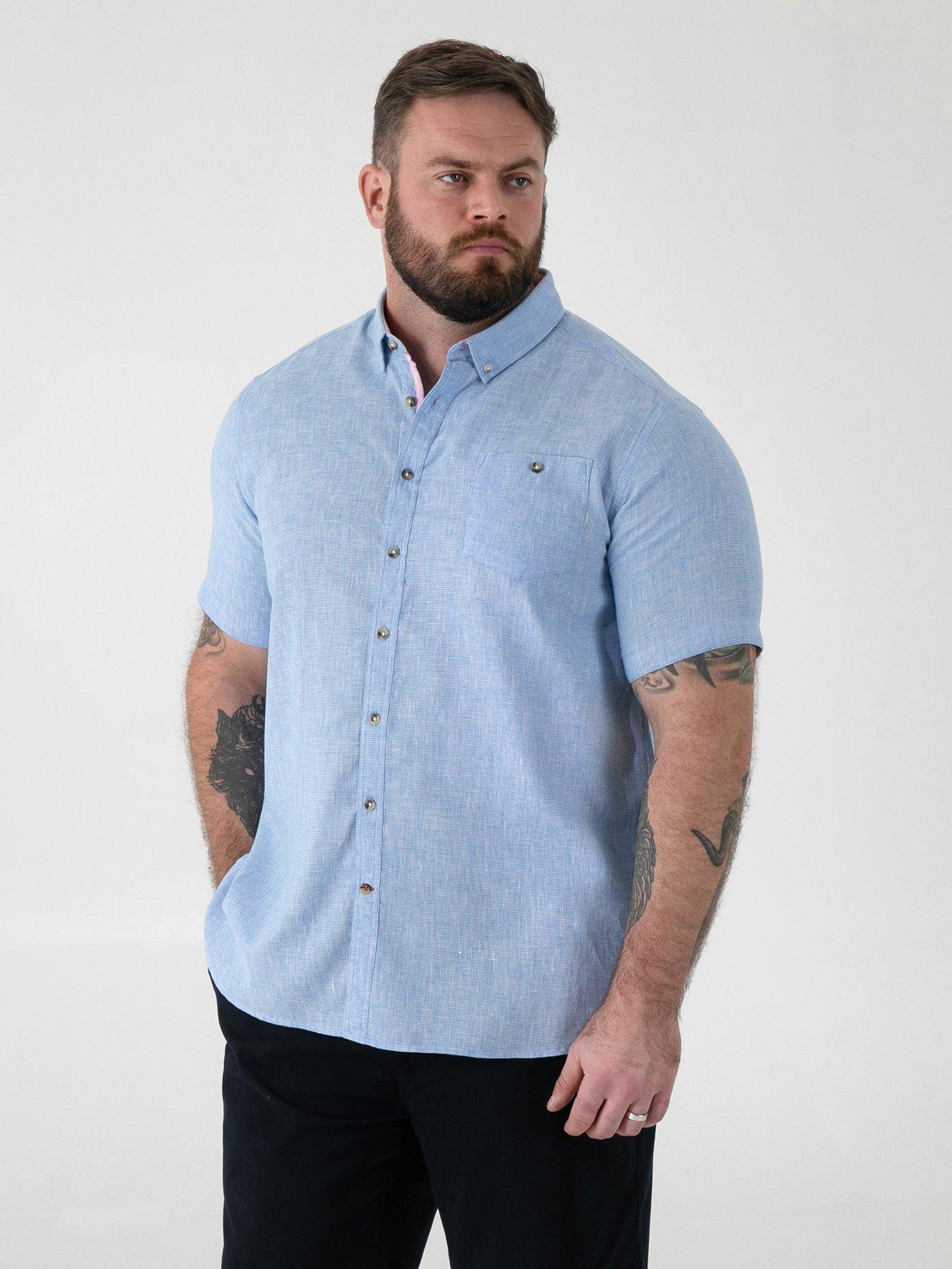 D555 Linen Mix Short Sleeve Shirt With Button Down Collar  &  Pocket - Blue