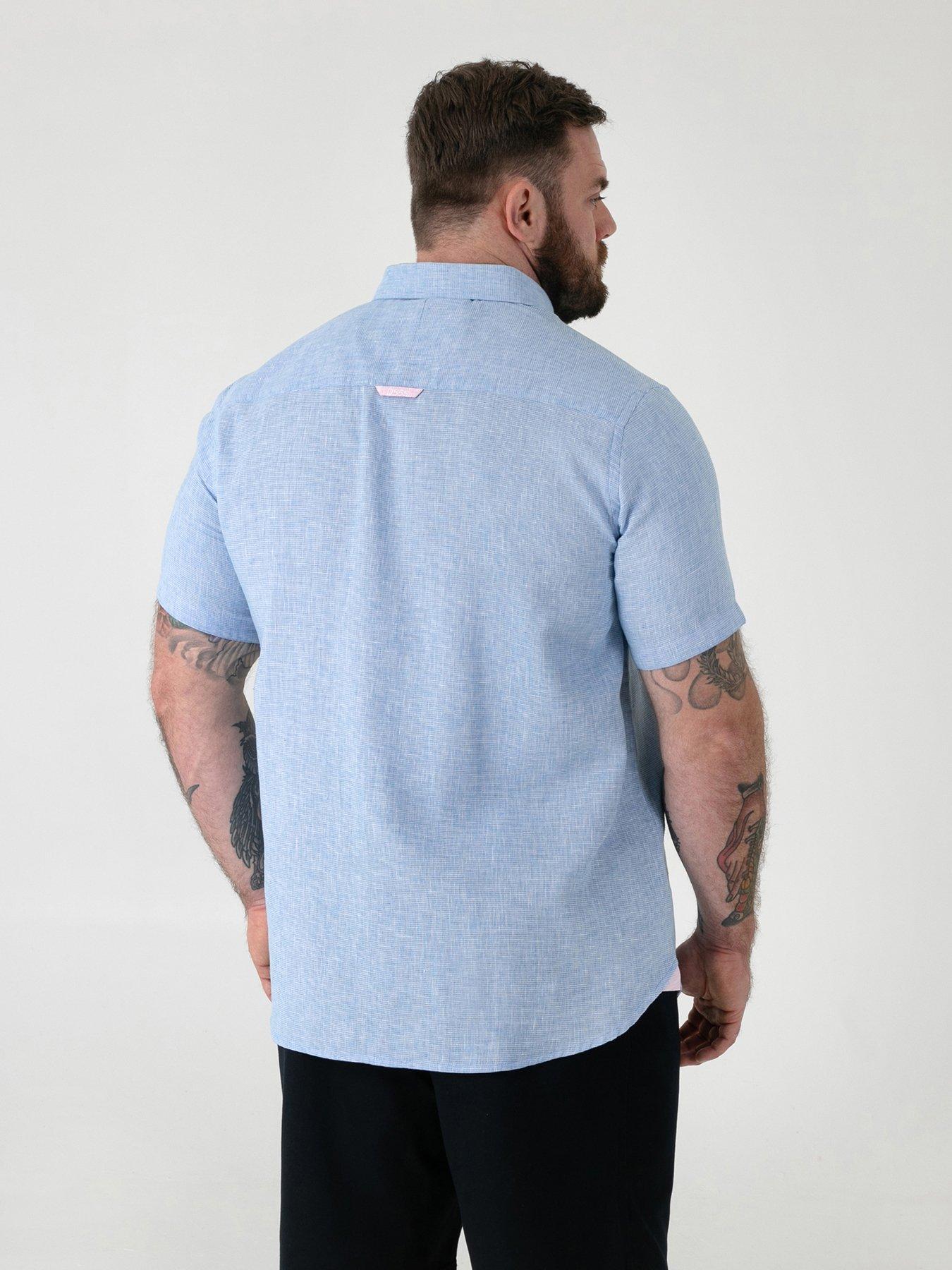 Image 2 of 6 of D555 Linen Mix Short Sleeve Shirt With Button Down Collar &amp; Pocket - Blue