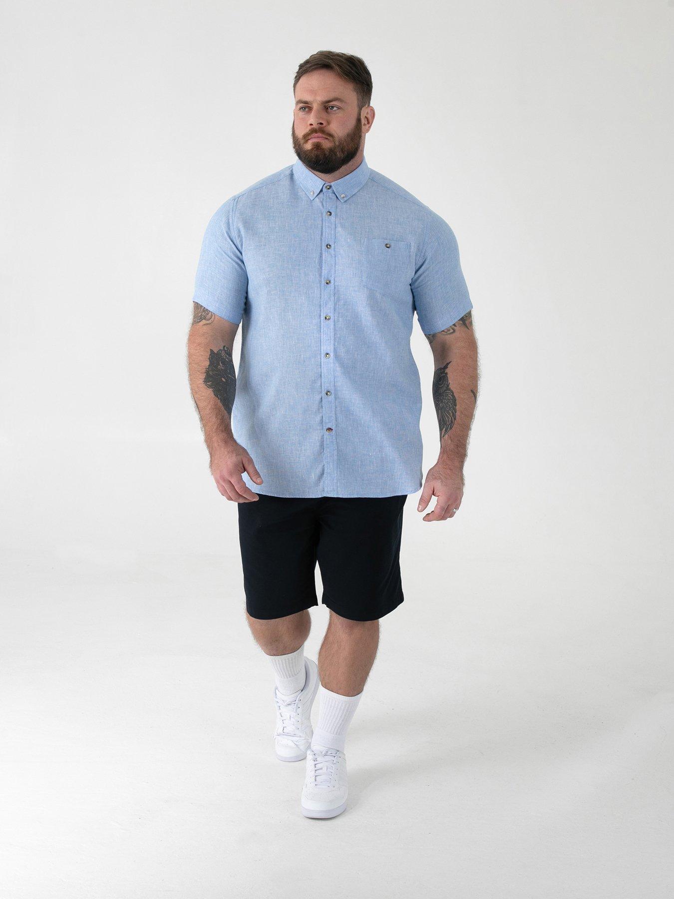 Image 3 of 6 of D555 Linen Mix Short Sleeve Shirt With Button Down Collar &amp; Pocket - Blue