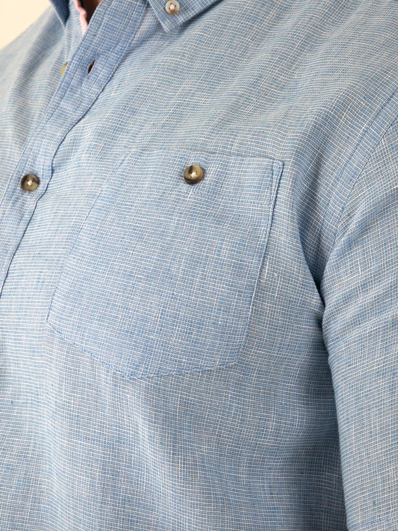 Image 4 of 6 of D555 Linen Mix Short Sleeve Shirt With Button Down Collar &amp; Pocket - Blue