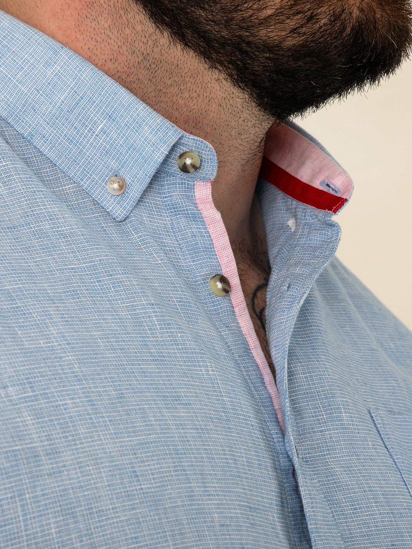 Image 5 of 6 of D555 Linen Mix Short Sleeve Shirt With Button Down Collar &amp; Pocket - Blue