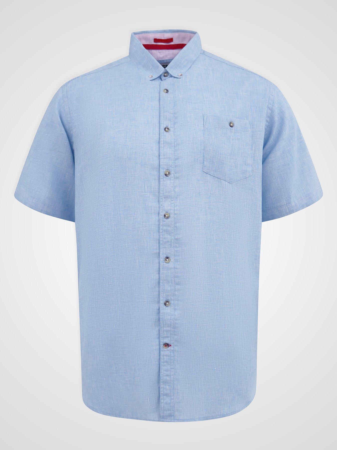 Image 6 of 6 of D555 Linen Mix Short Sleeve Shirt With Button Down Collar &amp; Pocket - Blue