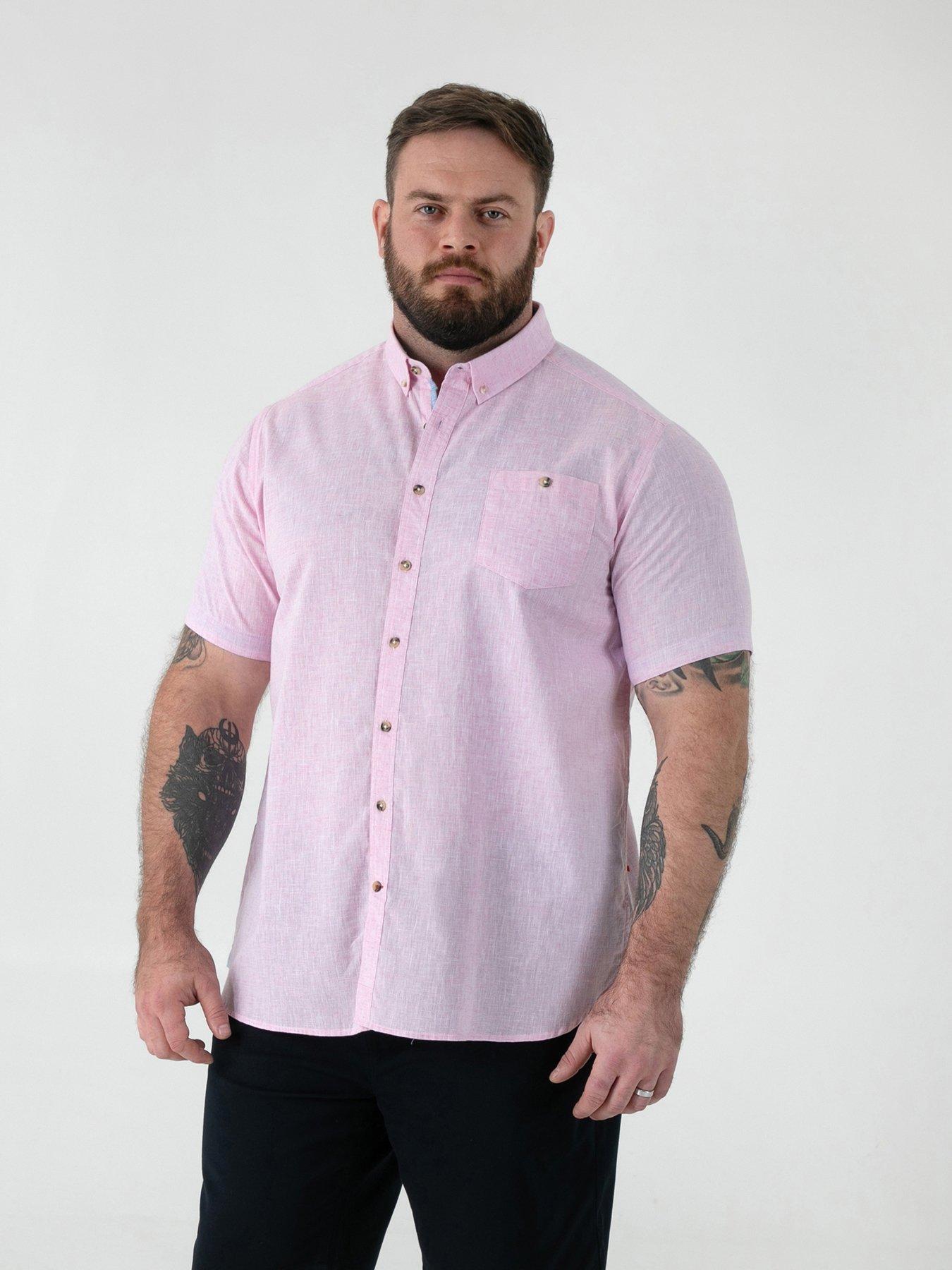 D555 Linen Mix Short Sleeve Shirt With Button Down Collar  &  Pocket - Pink