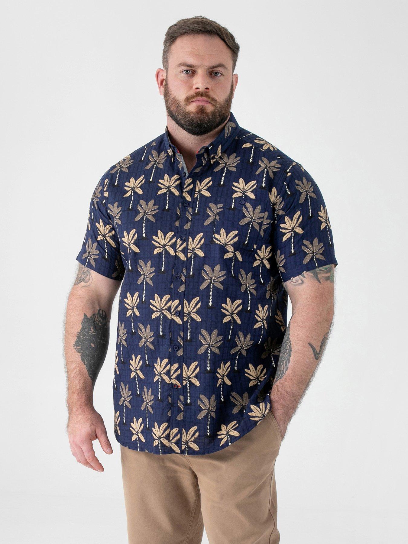 D555 Printed Jacquard Short Sleeve Button Down Collar Shirt With Pocket - Navy
