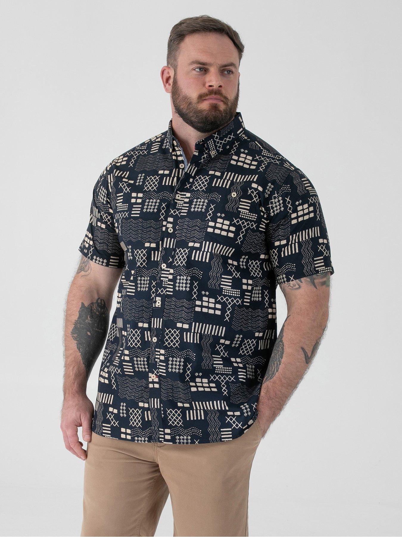 D555 Geometric Print Short Sleeve Button Down Collar Shirt - Navy