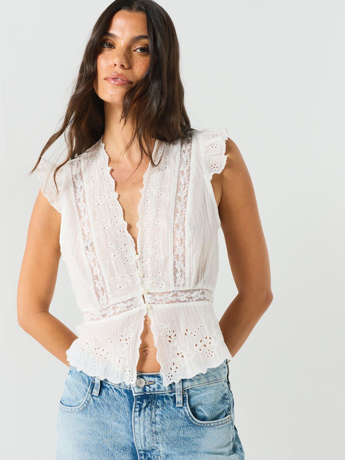 Image 1 of 6 of FREE PEOPLE Embroidered Peplum Button-Front Cotton Top - White