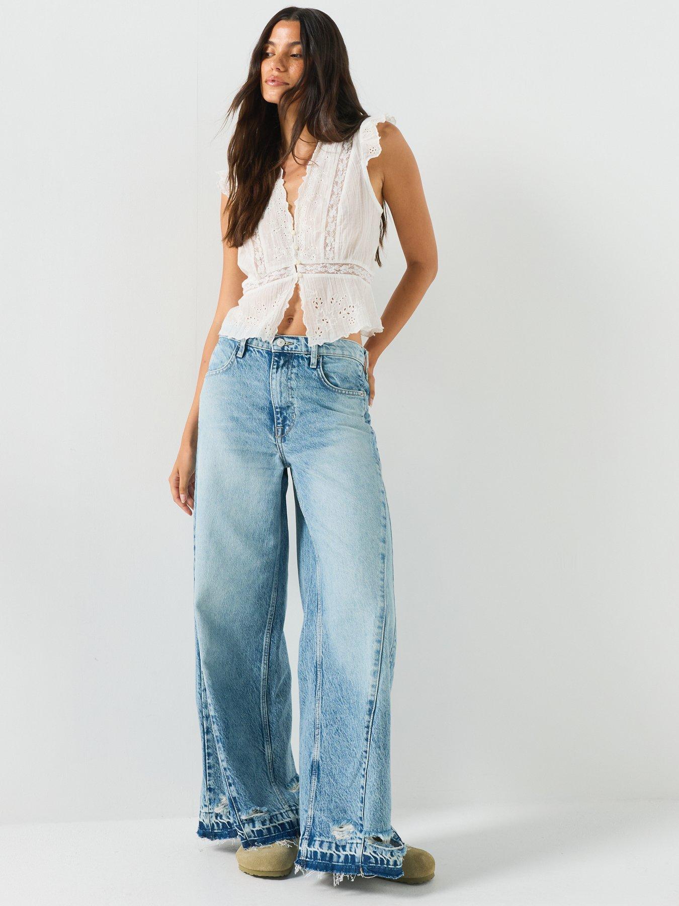 Image 3 of 6 of FREE PEOPLE Embroidered Peplum Button-Front Cotton Top - White