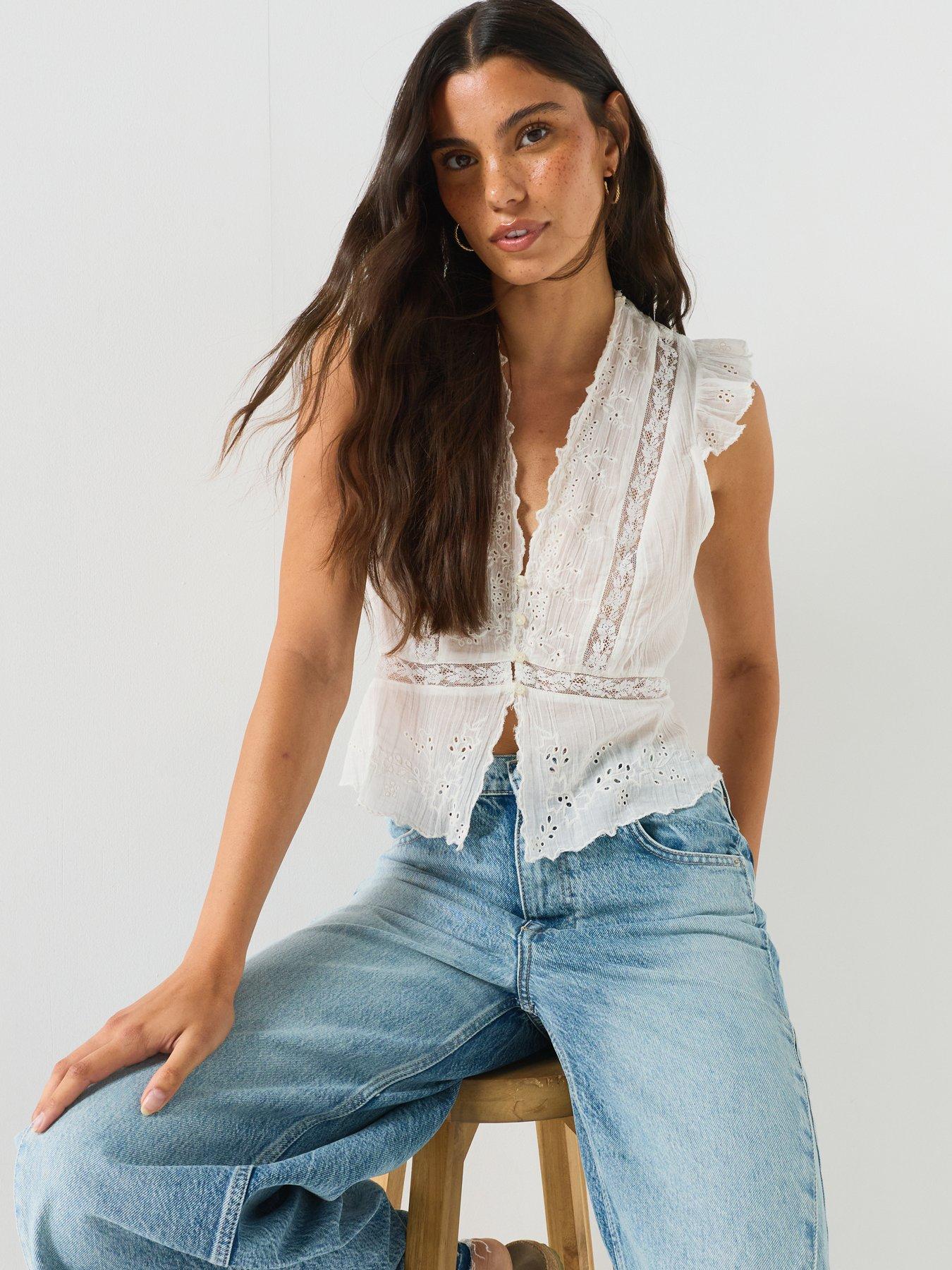 Image 4 of 6 of FREE PEOPLE Embroidered Peplum Button-Front Cotton Top - White