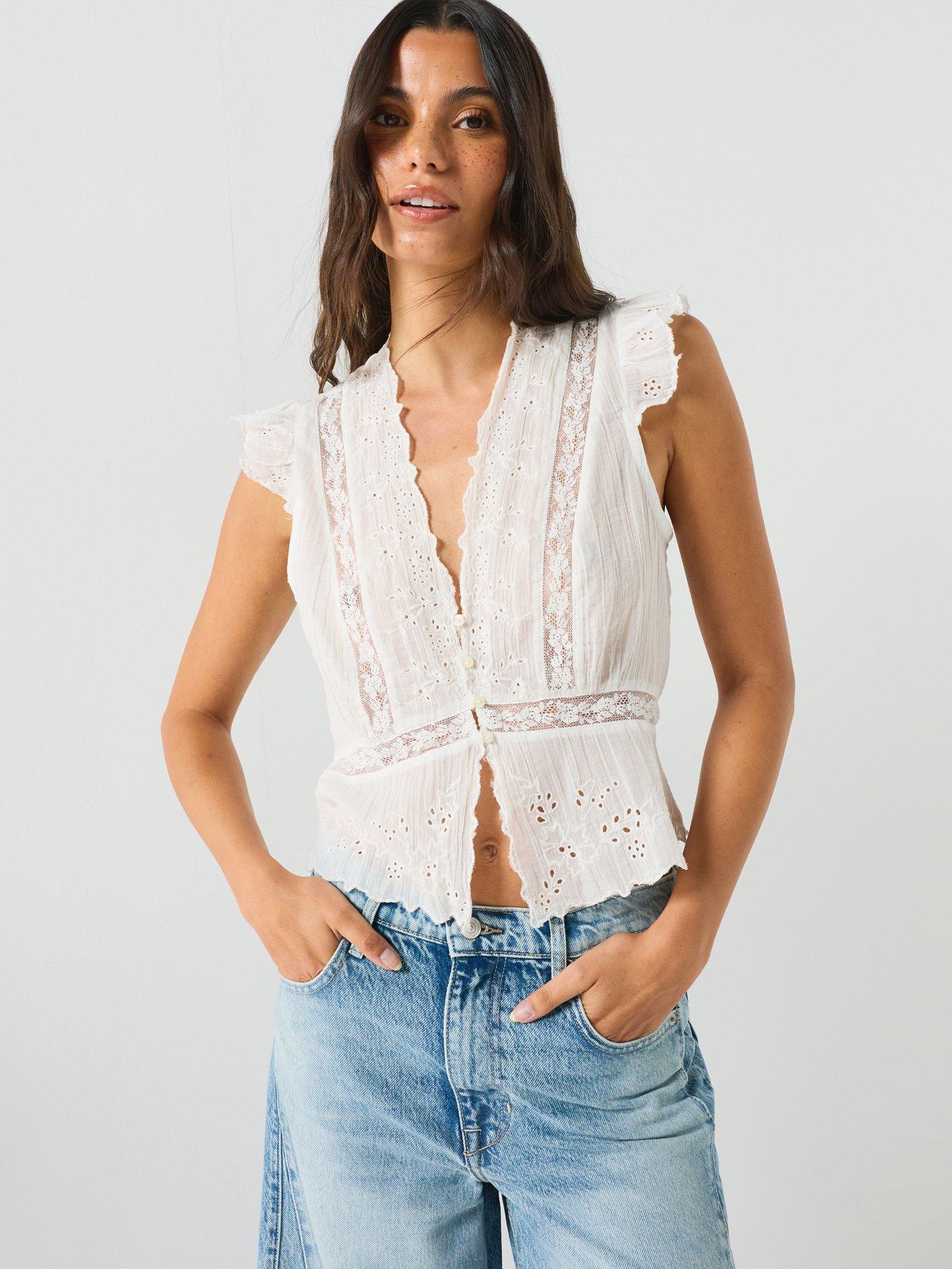 Image 5 of 6 of FREE PEOPLE Embroidered Peplum Button-Front Cotton Top - White