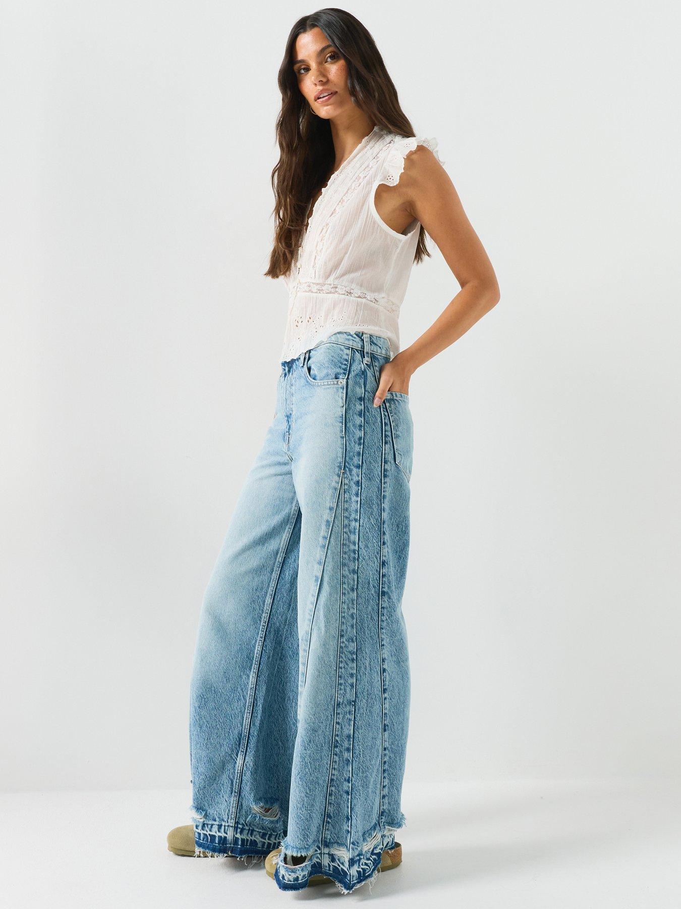 FREE PEOPLE Frayed Seam Wide Leg Jeans with Distressed Panel Detail - Blue