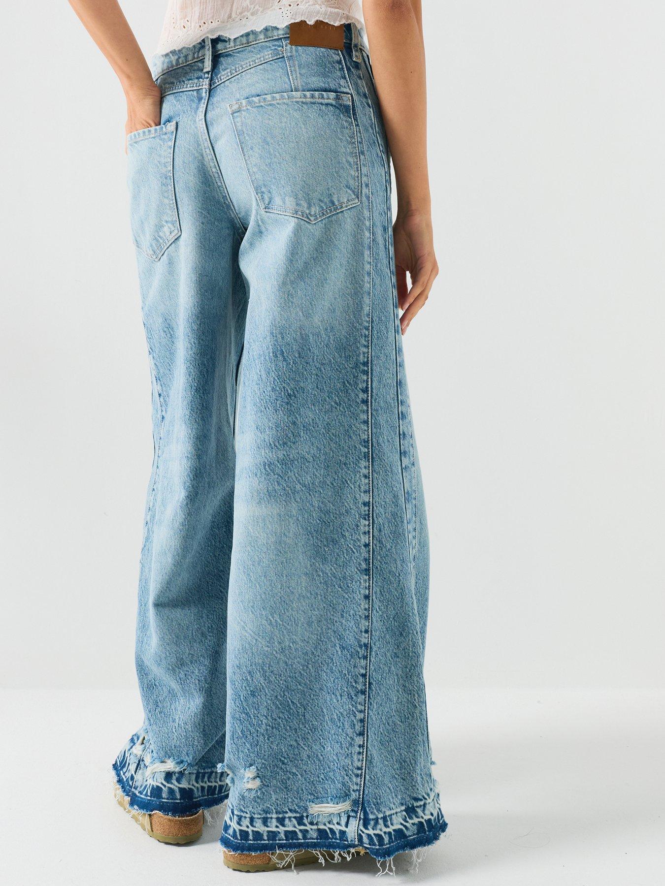Image 2 of 6 of FREE PEOPLE Frayed Seam Wide Leg Jeans with Distressed Panel Detail - Blue