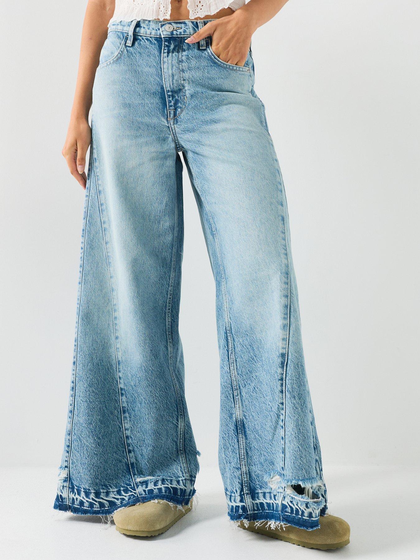 Image 3 of 6 of FREE PEOPLE Frayed Seam Wide Leg Jeans with Distressed Panel Detail - Blue