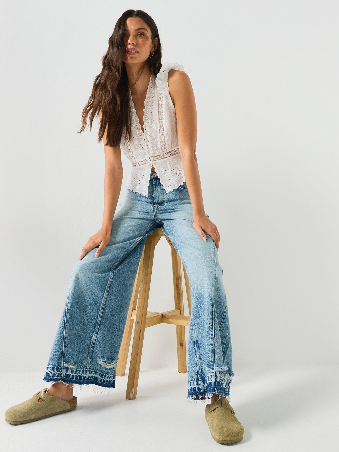 Image 4 of 6 of FREE PEOPLE Frayed Seam Wide Leg Jeans with Distressed Panel Detail - Blue