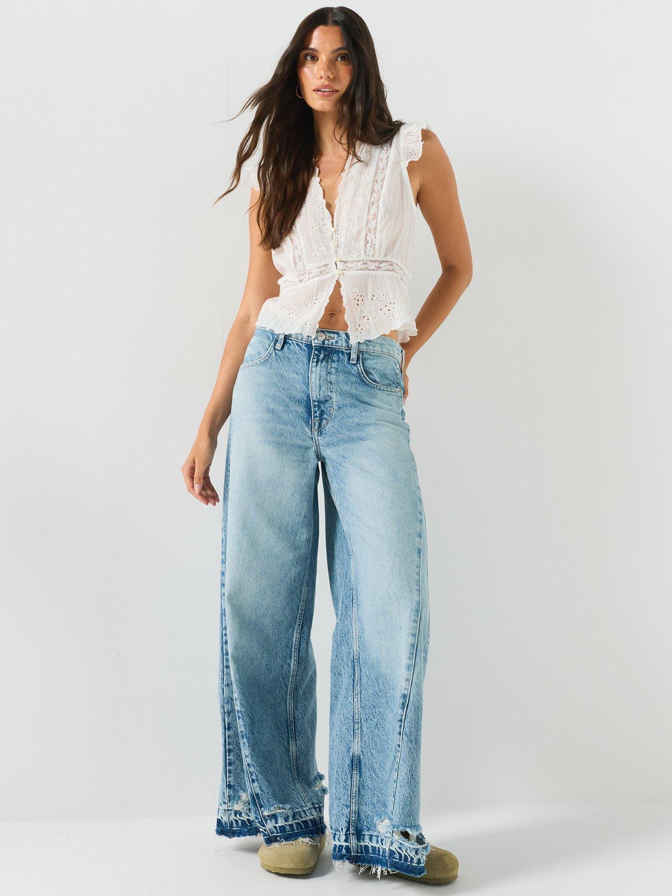 Image 5 of 6 of FREE PEOPLE Frayed Seam Wide Leg Jeans with Distressed Panel Detail - Blue