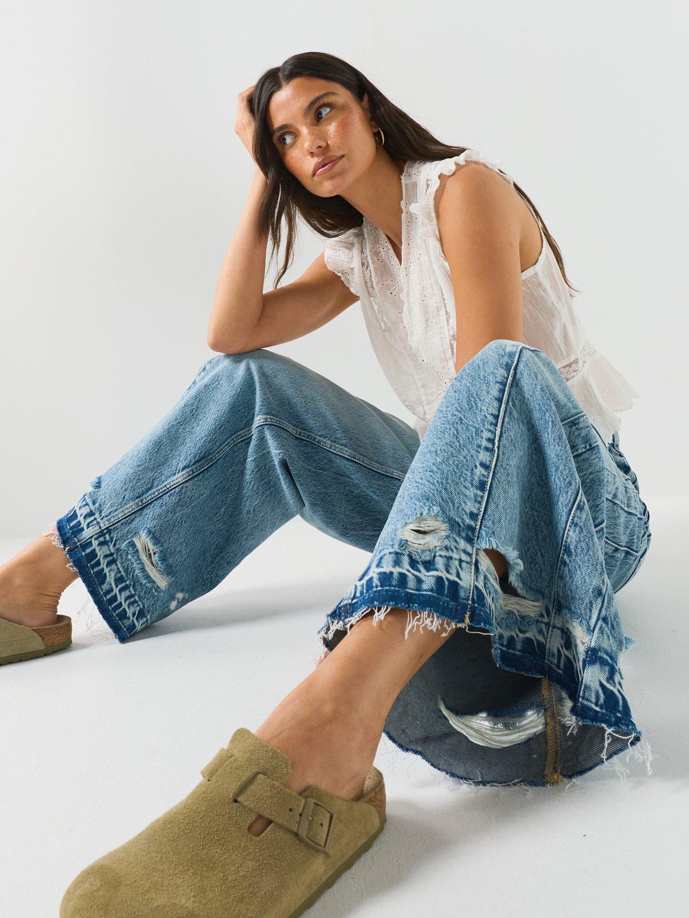 Image 6 of 6 of FREE PEOPLE Frayed Seam Wide Leg Jeans with Distressed Panel Detail - Blue