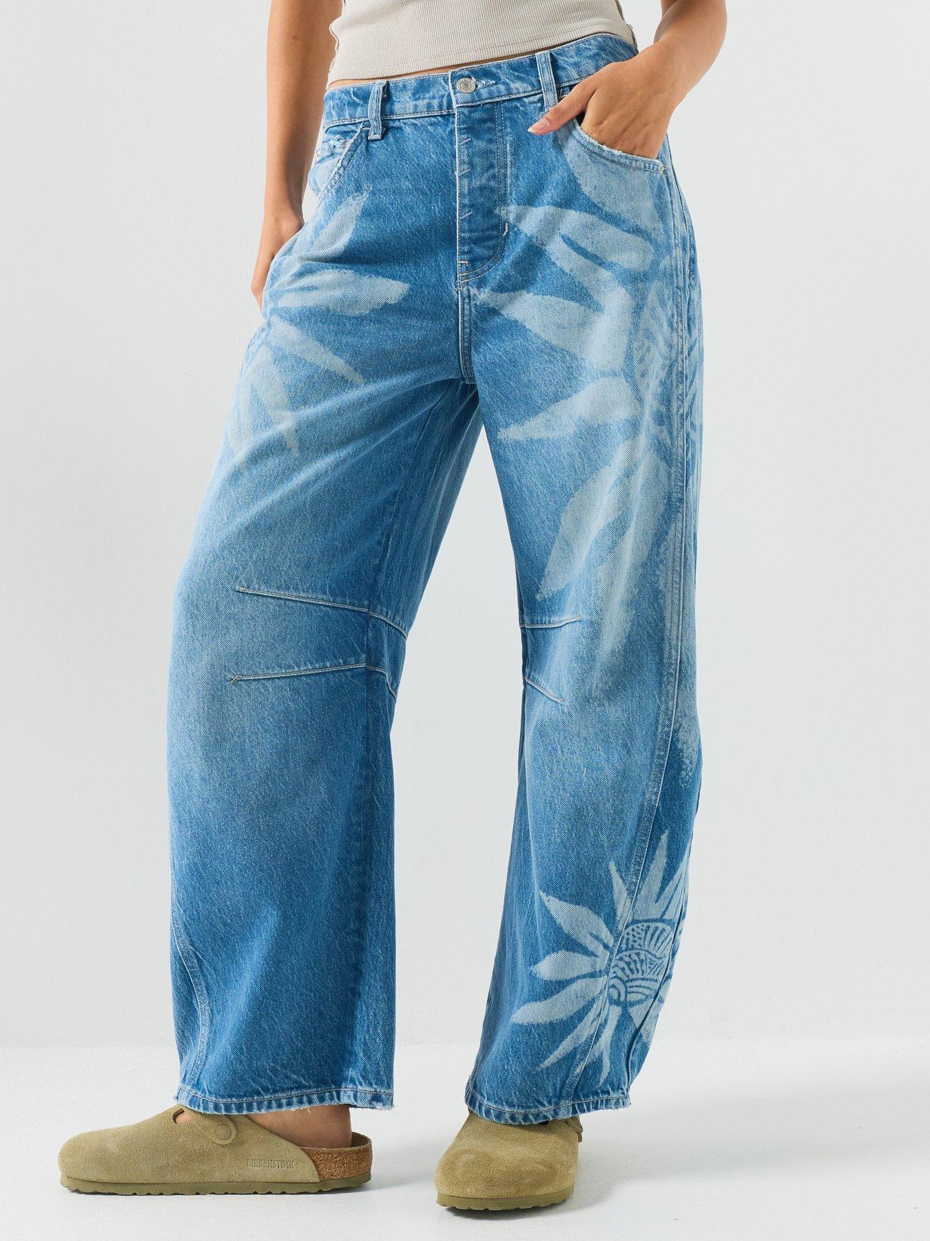 FREE PEOPLE Printed Barrel Leg Jeans - Blue