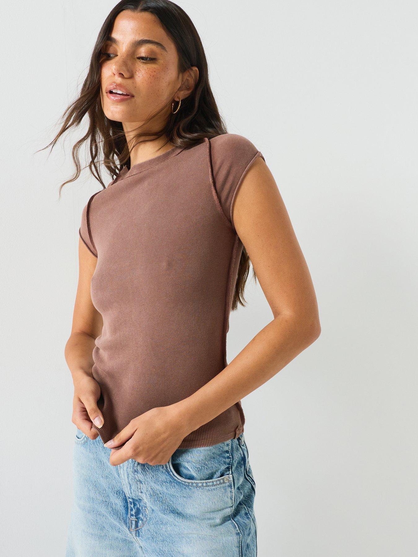 FREE PEOPLE Ribbed Crew Neck Cap Sleeve T-Shirt - Brown