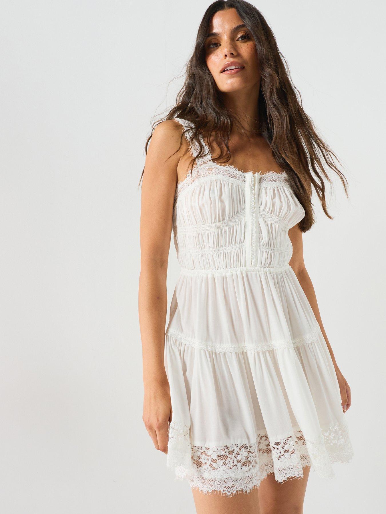 FREE PEOPLE Lace Trim Smocked Mini Slip Dress - Ivory