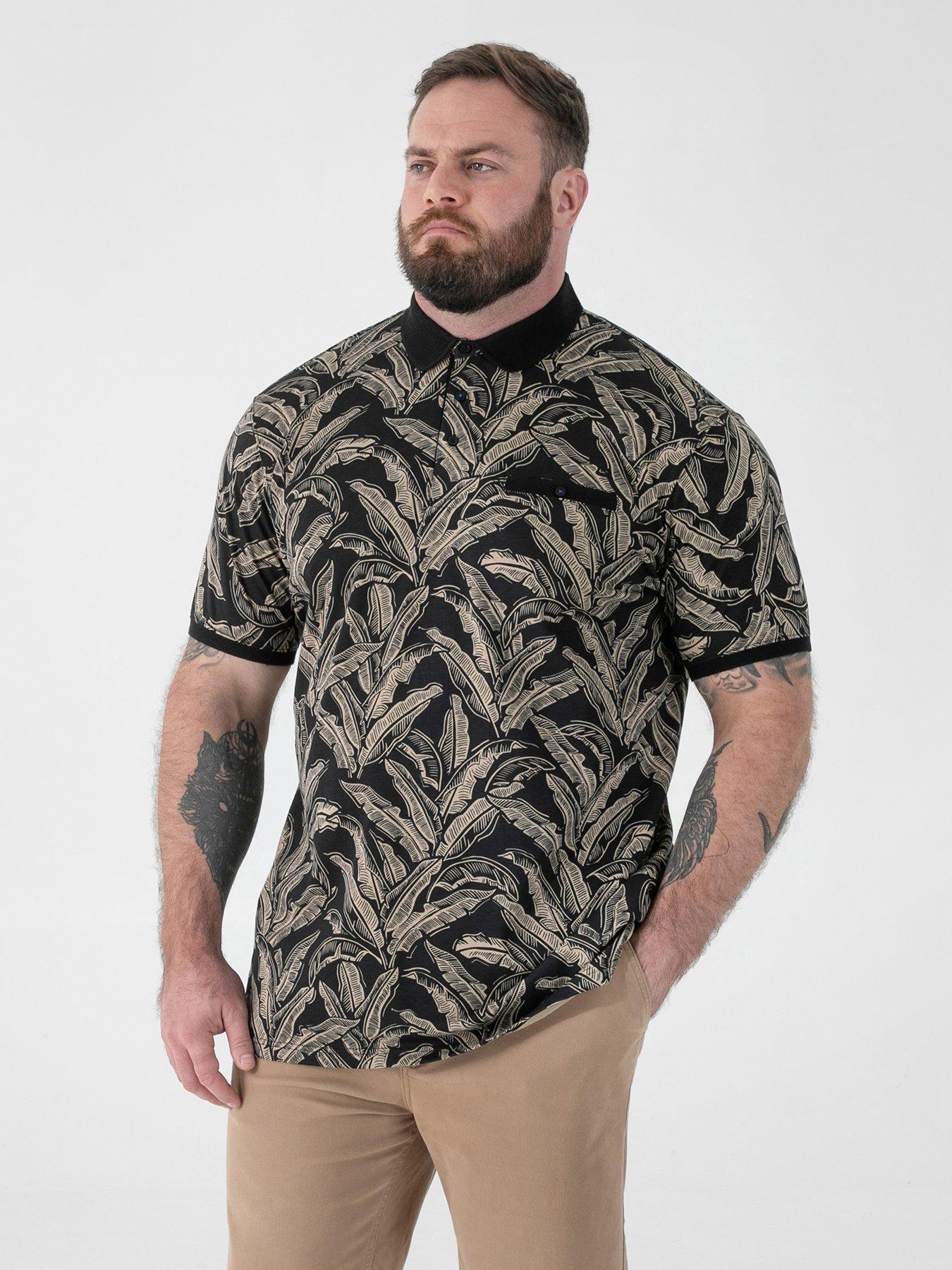 D555 Leaf Printed Jacquard Collar  &  Cuff Polo Shirt With Chest Pocket - Black