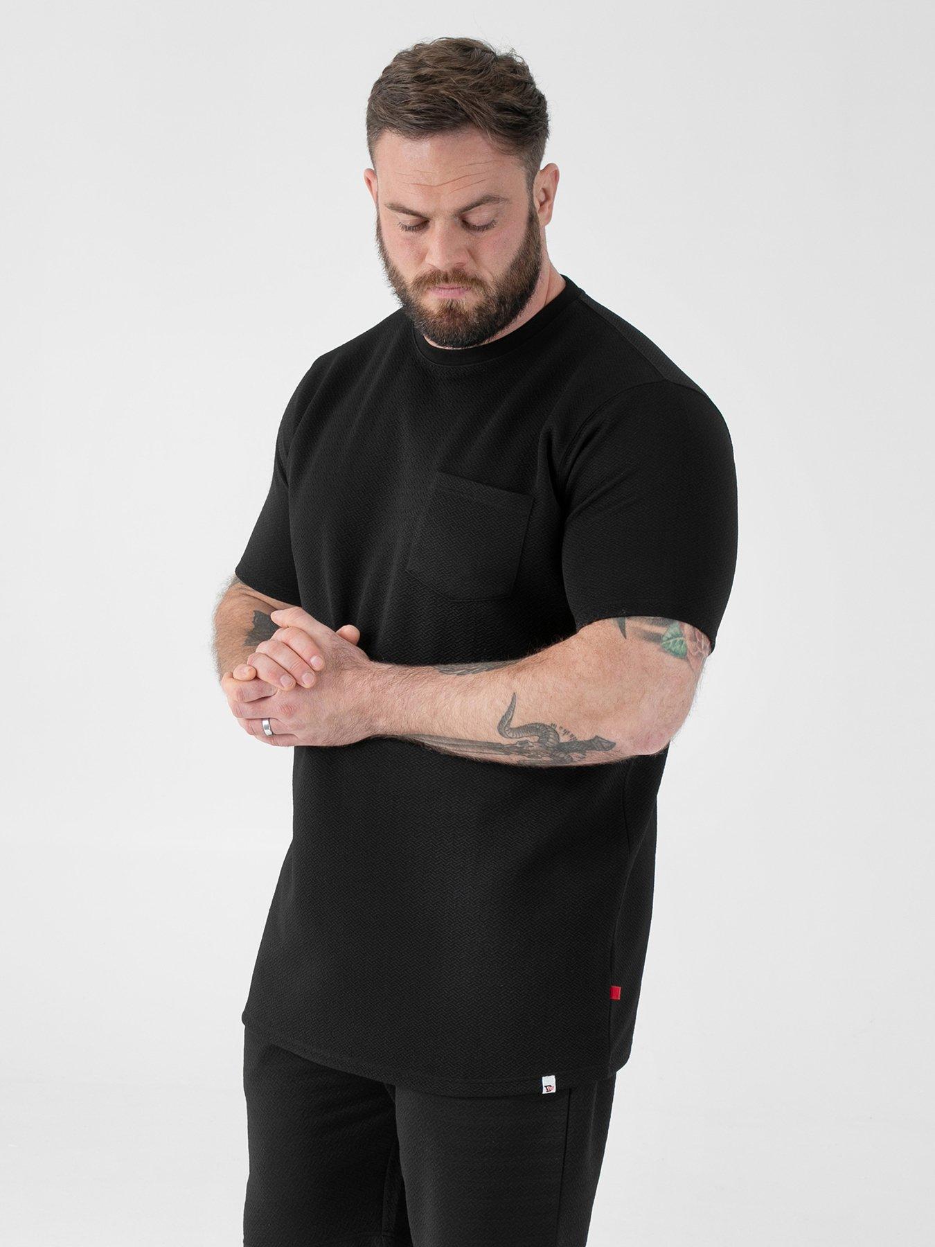 D555 Stretch Jacquard Crew Neck T-Shirt With Chest Patch Pocket - Black