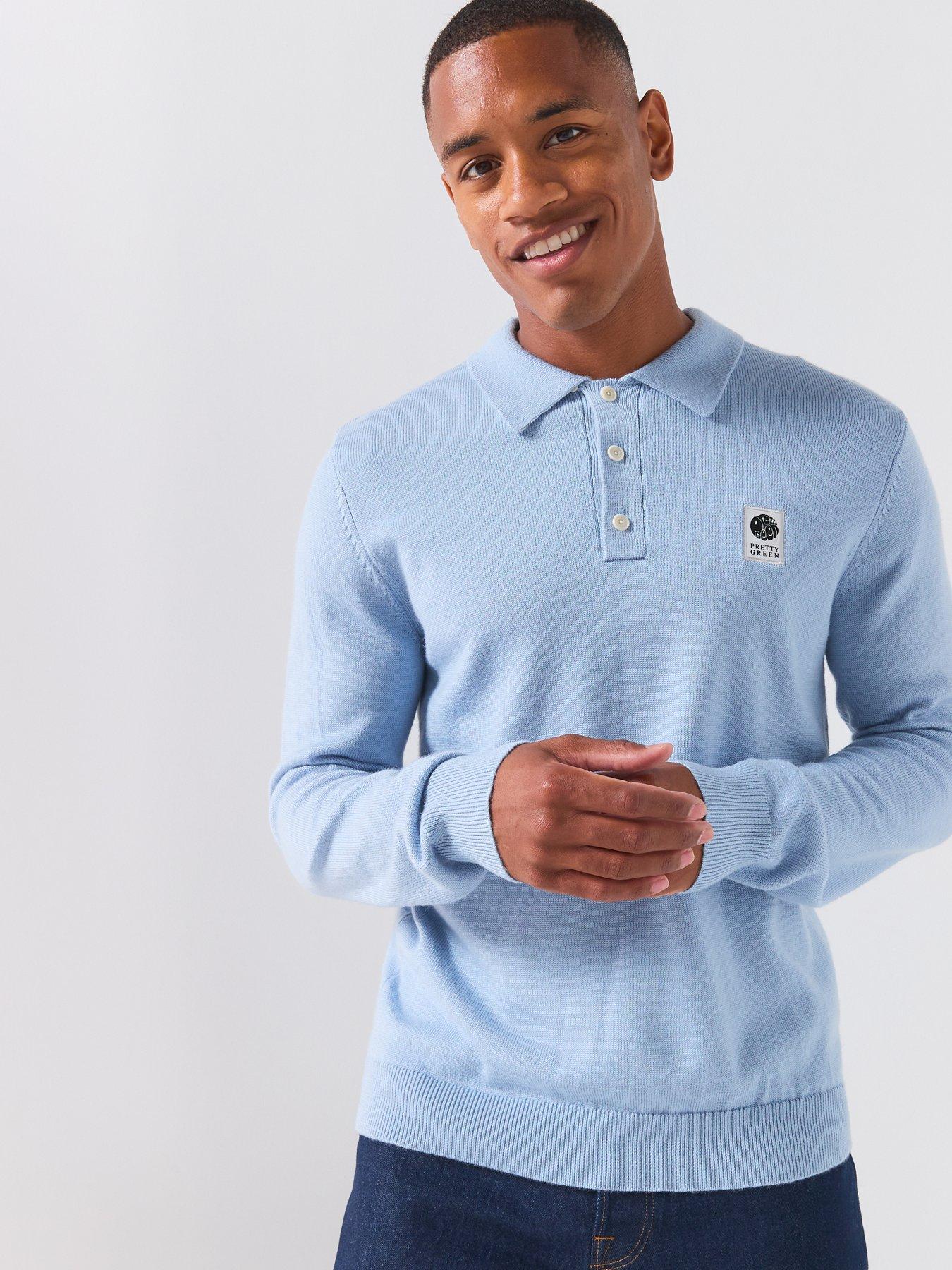 Image 1 of 6 of Pretty Green Merino Knitted Long Sleeve Polo Shirt - Blue