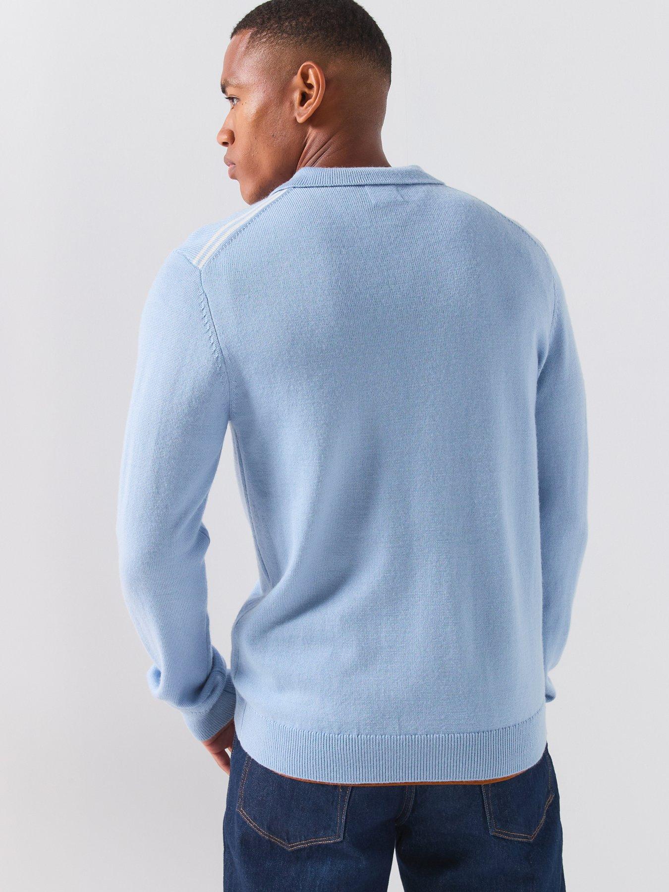 Image 2 of 6 of Pretty Green Merino Knitted Long Sleeve Polo Shirt - Blue