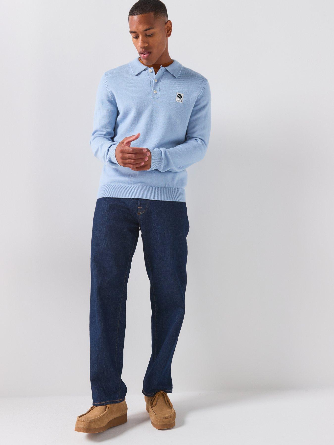 Image 3 of 6 of Pretty Green Merino Knitted Long Sleeve Polo Shirt - Blue