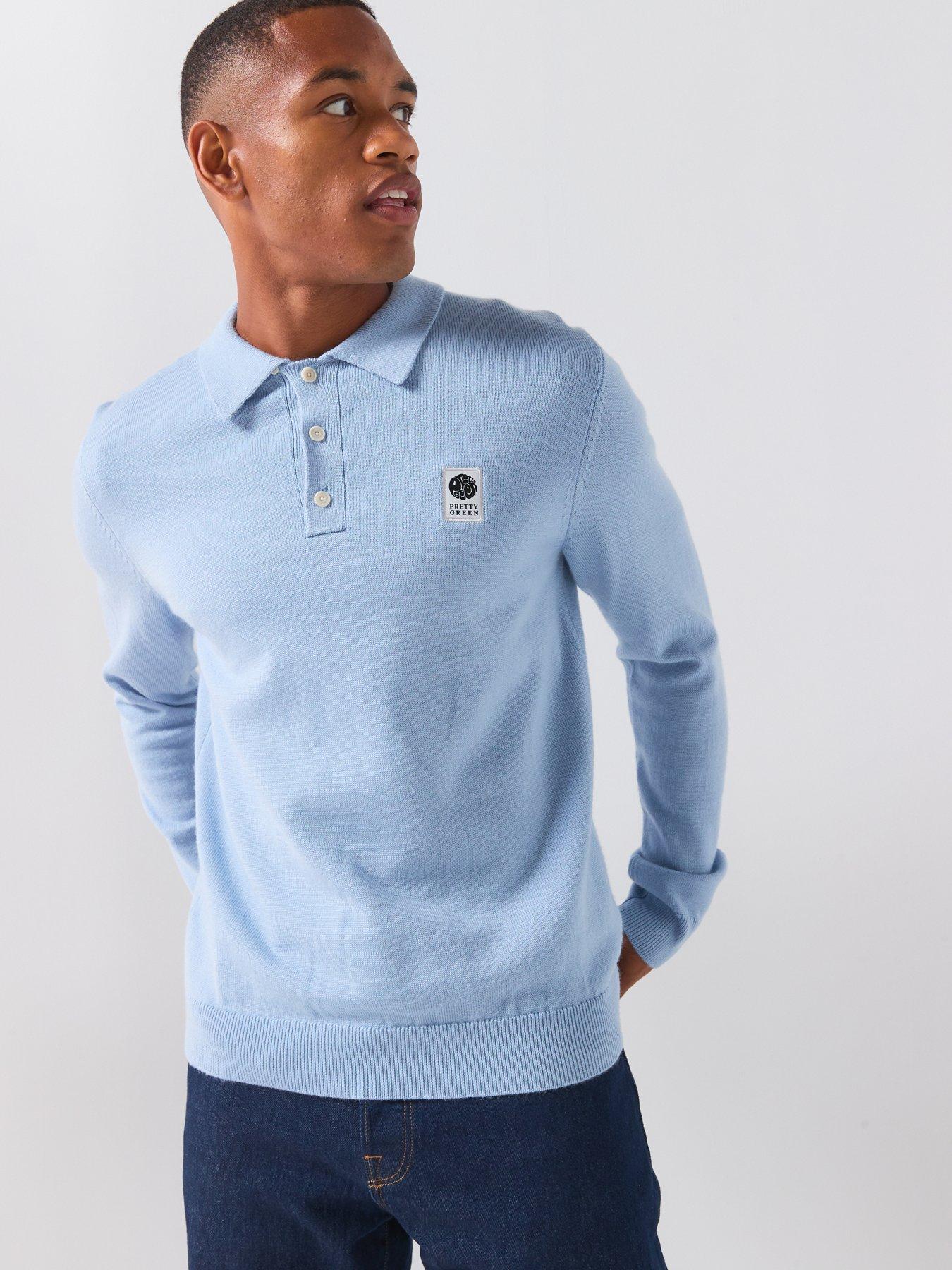Image 4 of 6 of Pretty Green Merino Knitted Long Sleeve Polo Shirt - Blue