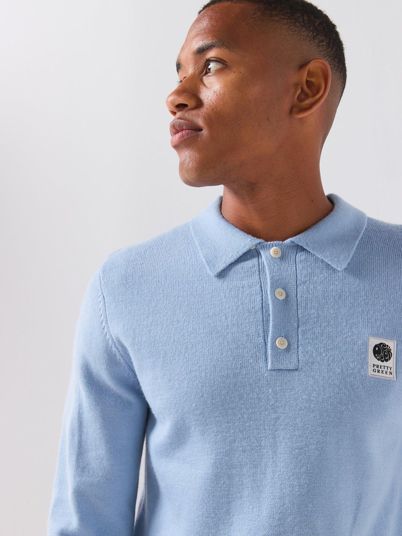 Image 5 of 6 of Pretty Green Merino Knitted Long Sleeve Polo Shirt - Blue