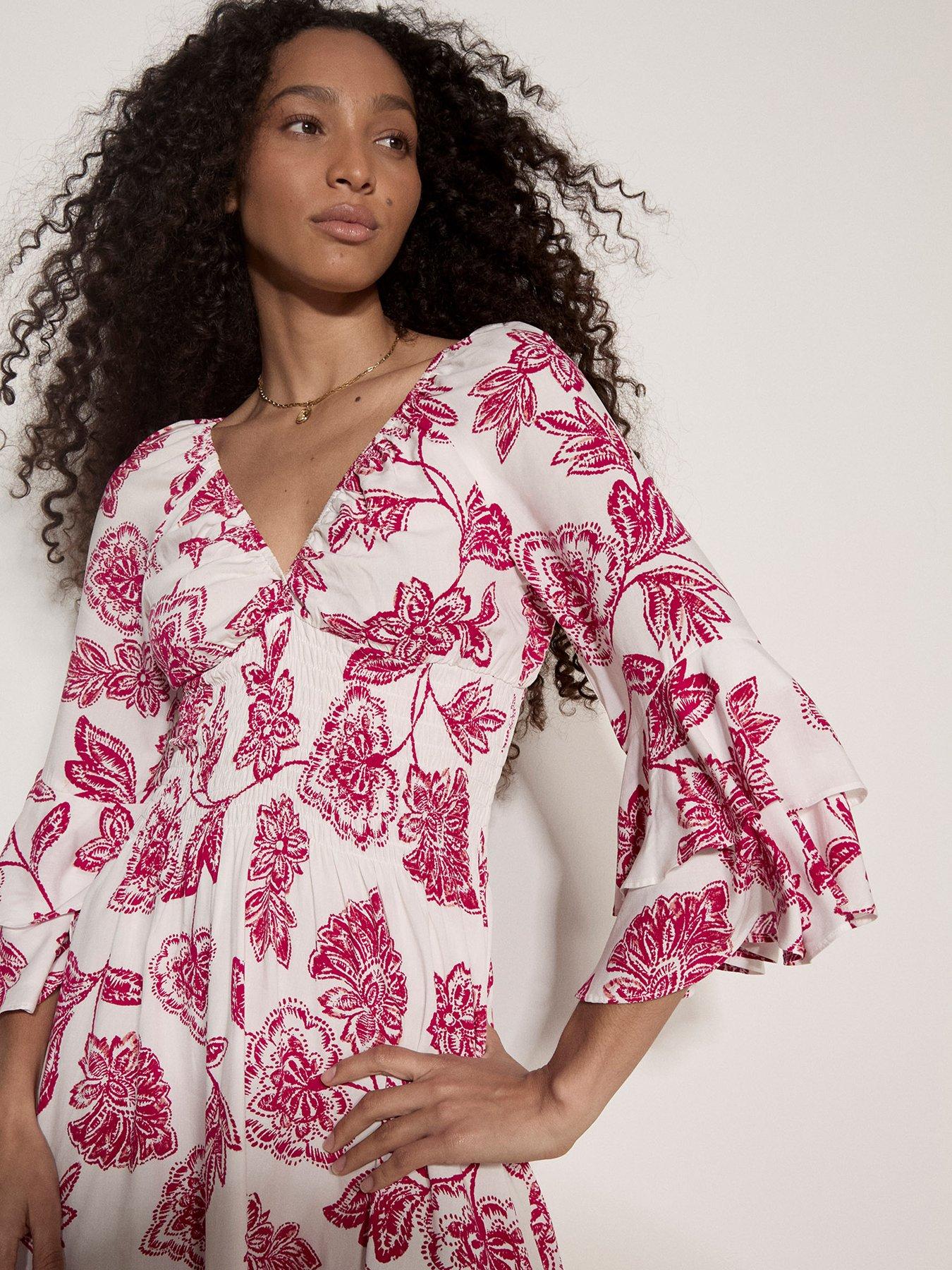 Apricot Bell Sleeve Smocked Waist Dress - Pink
