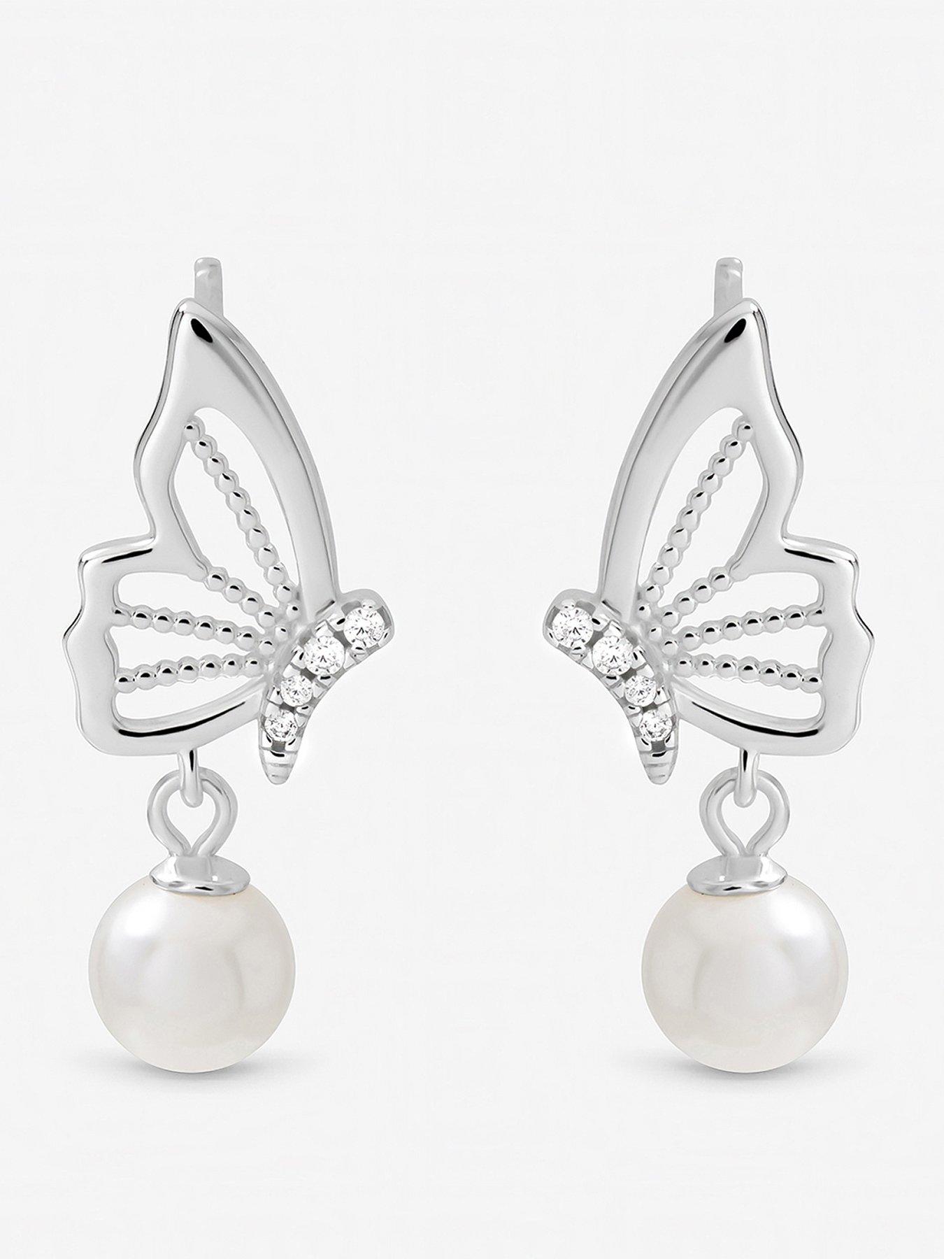 Inicio Inicio Sterling Silver Plated Polished Butterfly Pearl Drop Earrings