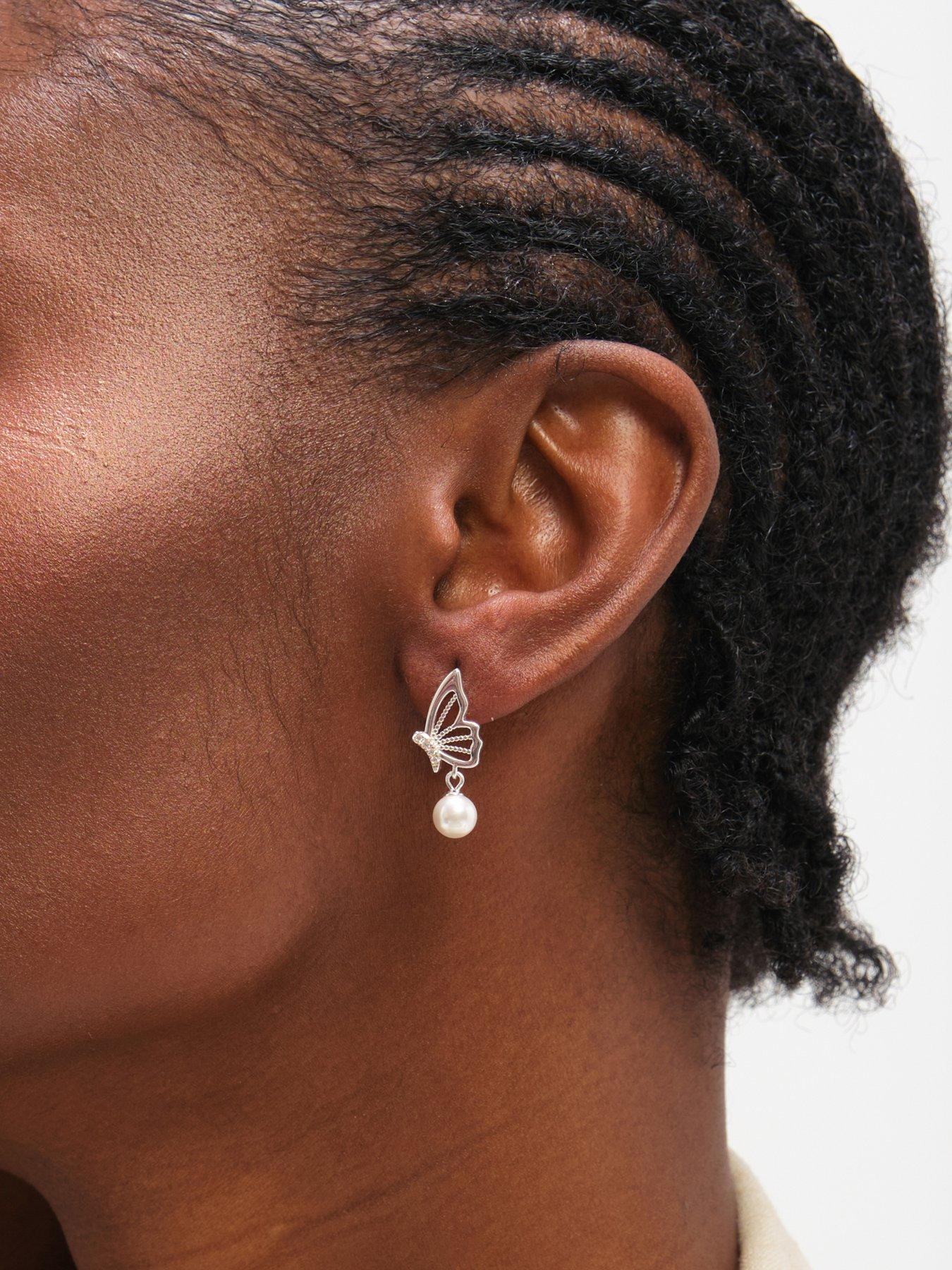 Image 2 of 4 of Inicio Sterling Silver Plated Polished Butterfly Pearl Drop Earrings