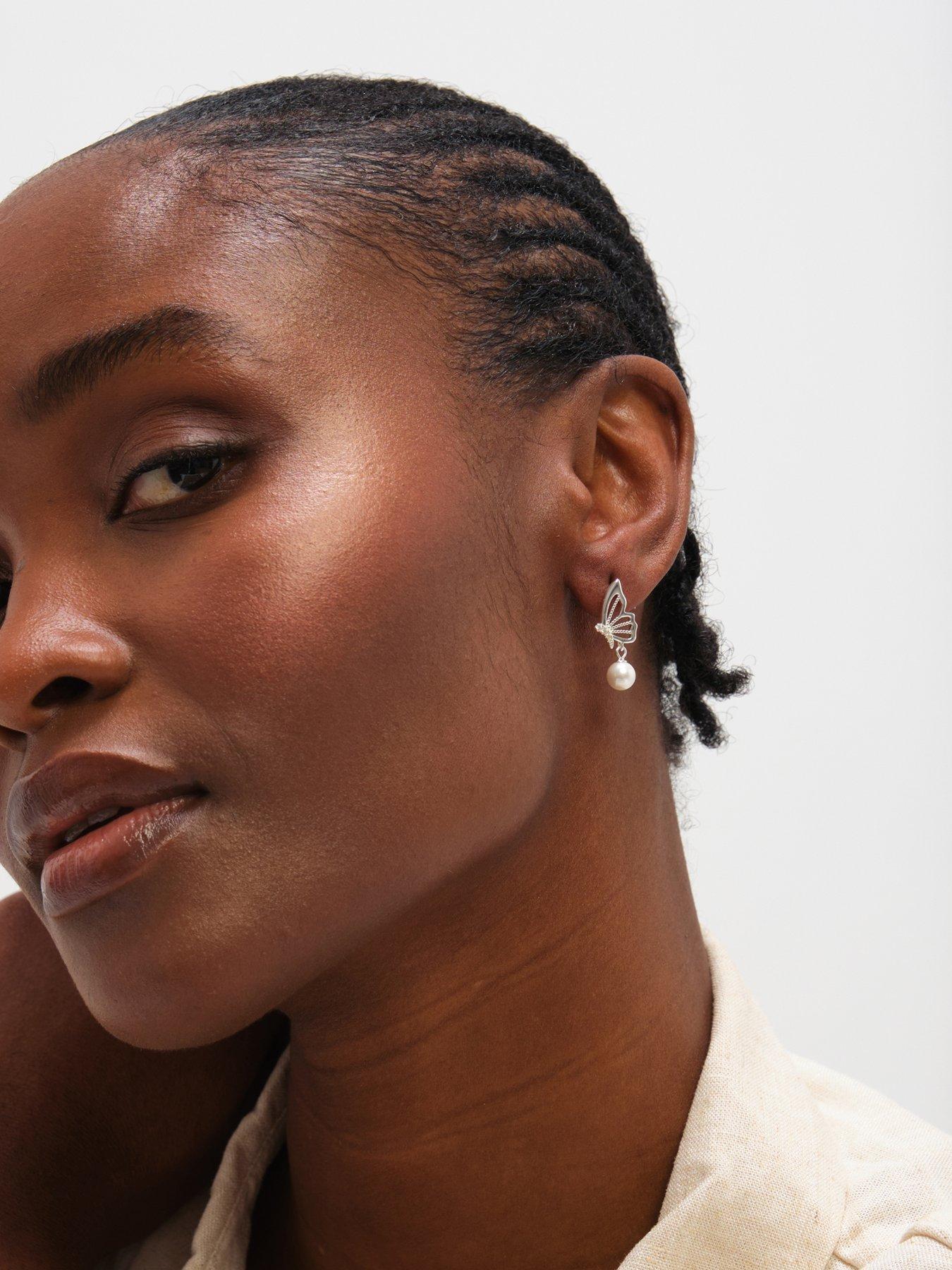 Image 3 of 4 of Inicio Sterling Silver Plated Polished Butterfly Pearl Drop Earrings