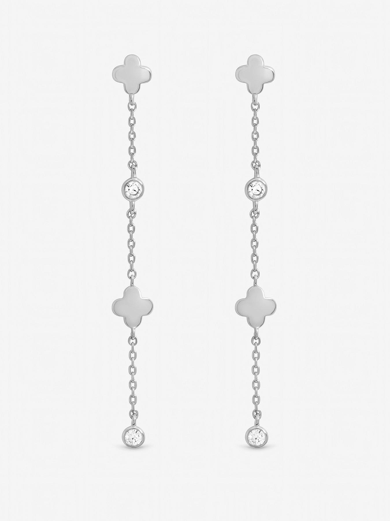 Inicio Inicio Sterling Silver Plated Crystal Clover Fine Long Drop Earrings