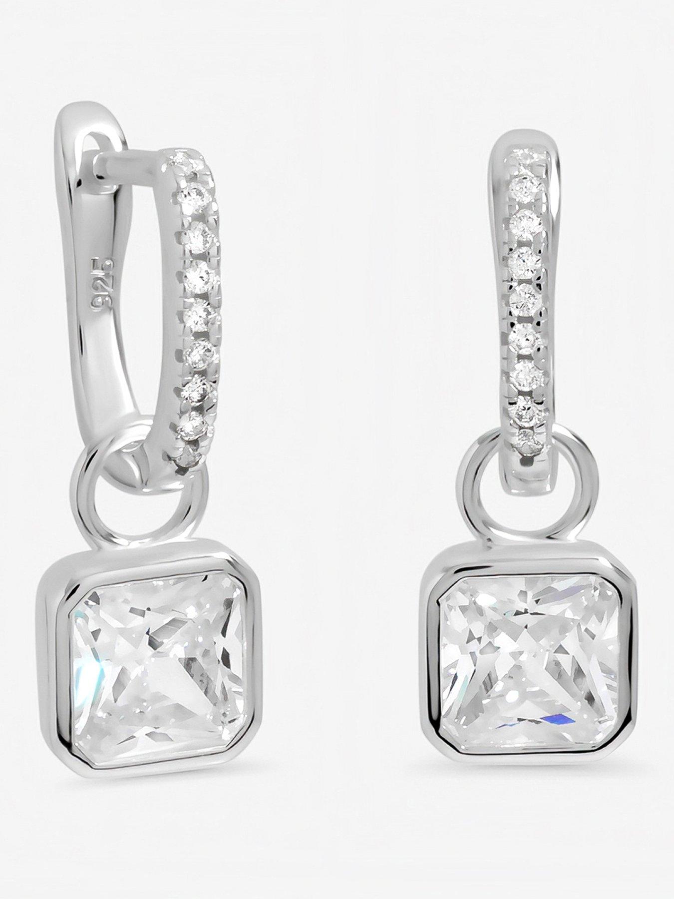 Inicio Inicio Sterling Silver Plated Cushion Drop Cubic Zirconia Pave Hoops - Gift Pouch