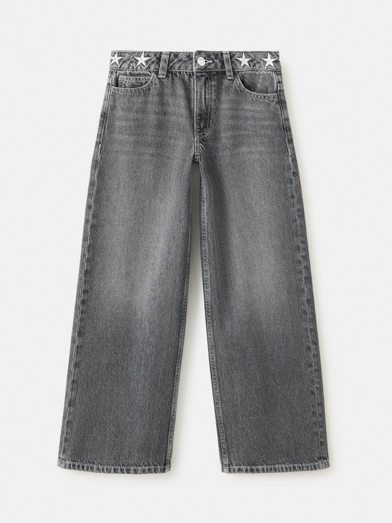 Image 1 of 4 of Mango Girls Embroidered Start Wide Jeans - Grey