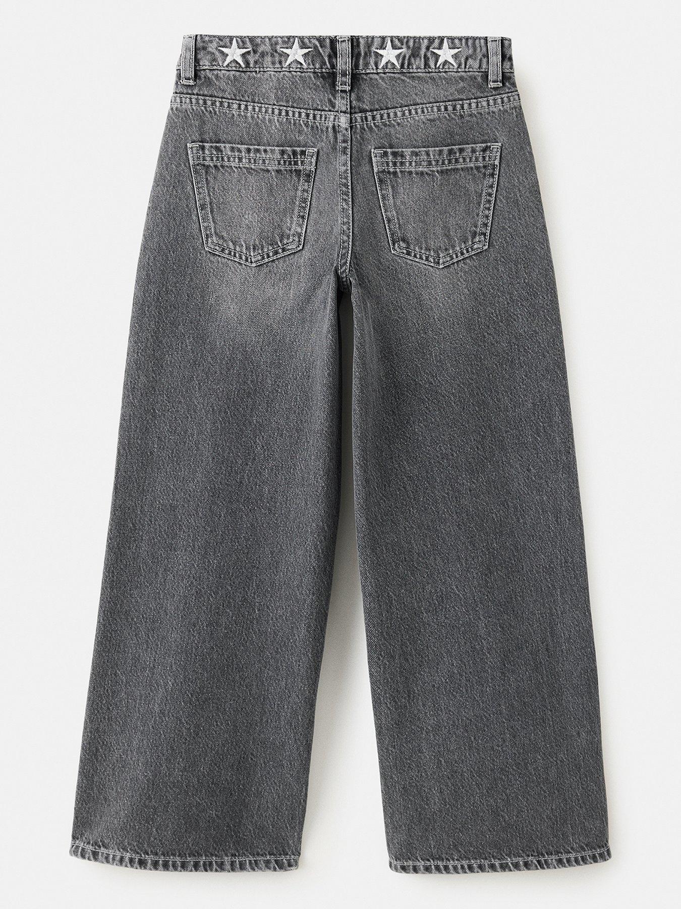 Image 2 of 4 of Mango Girls Embroidered Start Wide Jeans - Grey