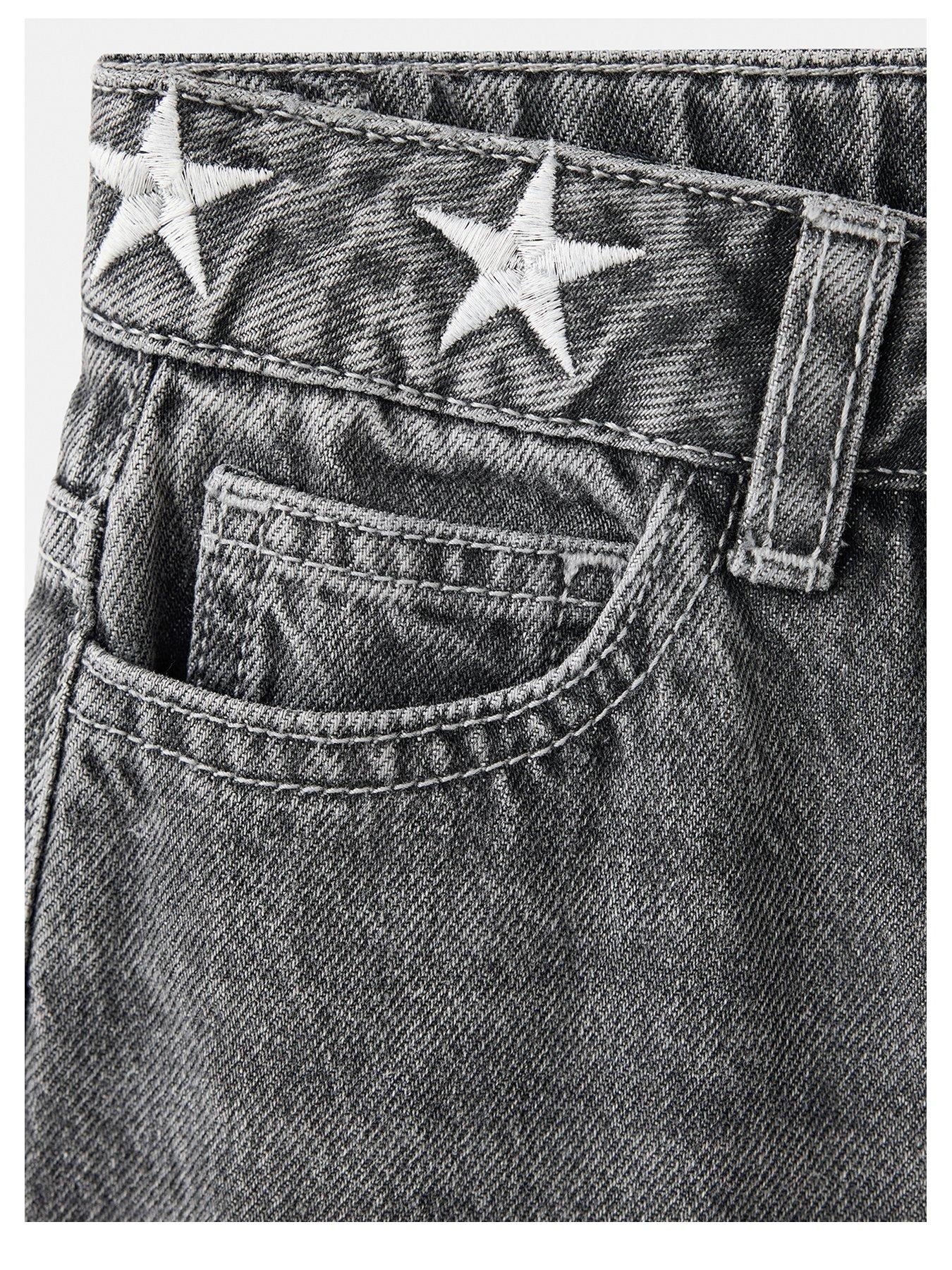 Image 3 of 4 of Mango Girls Embroidered Start Wide Jeans - Grey
