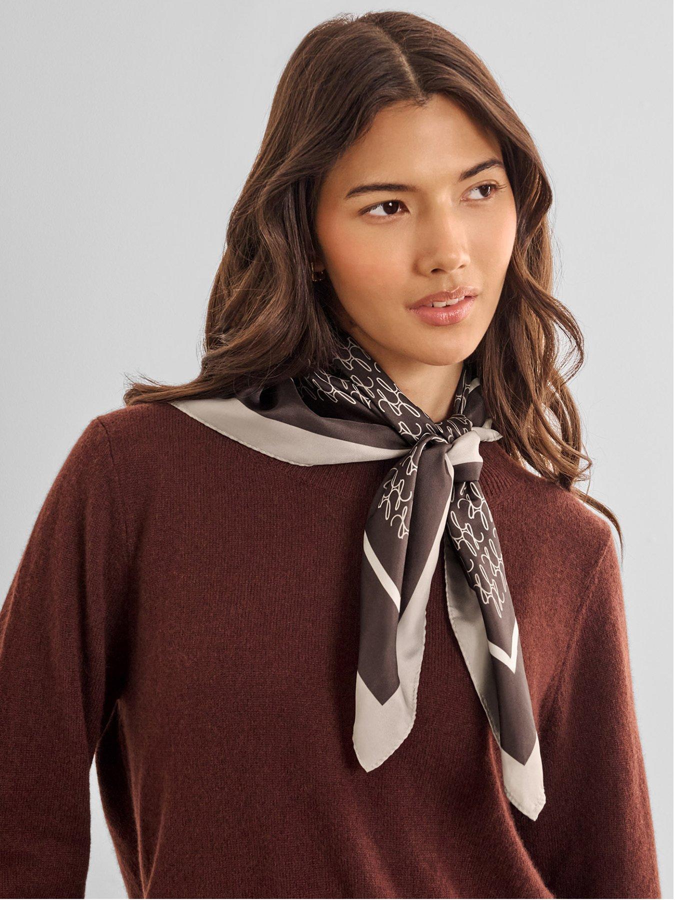 Image 1 of 5 of Katie Loxton Satin Multiway Kl Script Logo Scarf - Chocolate / Taupe / Off White